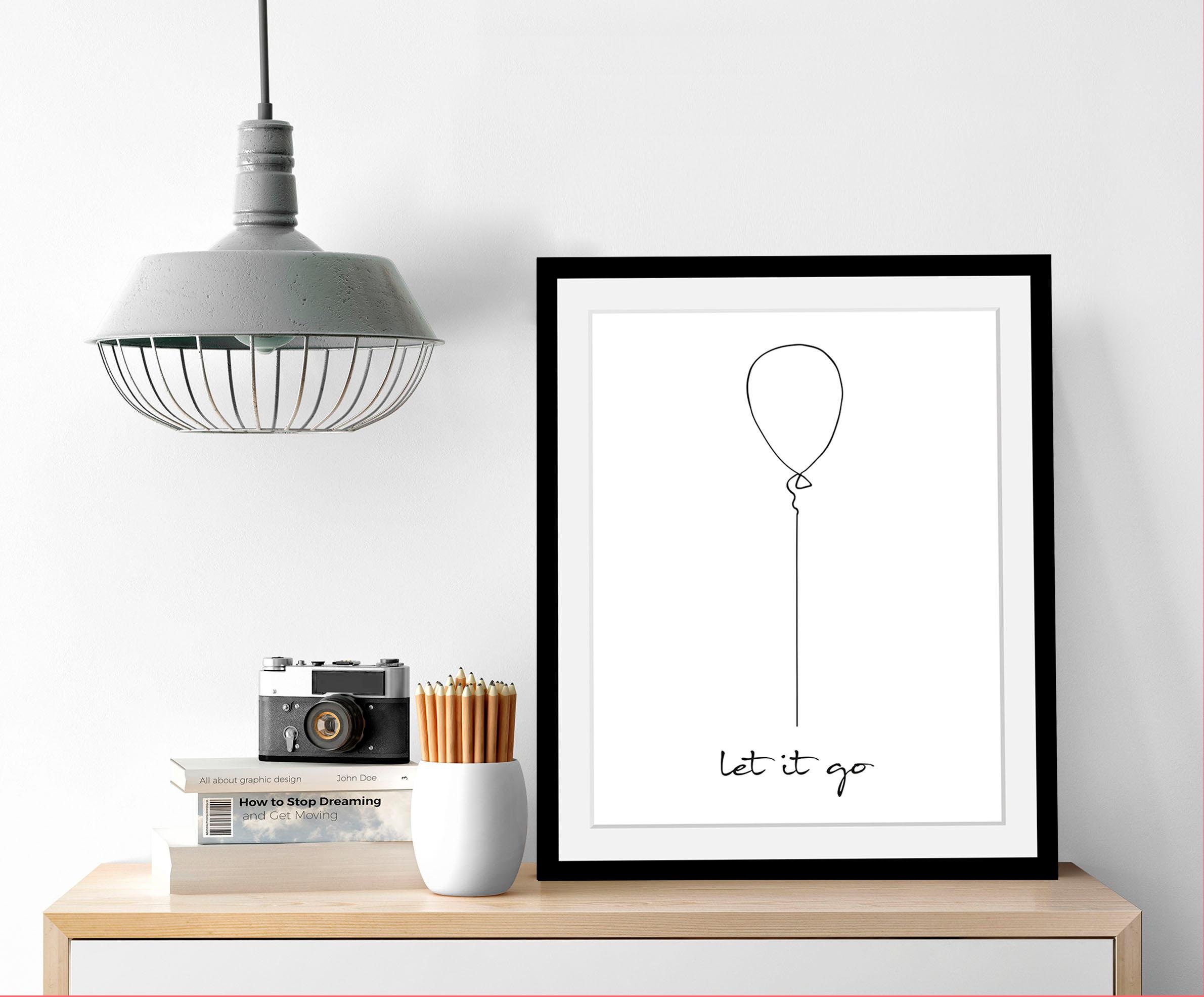 queence Bild "Loslassen" Liebessprüche  Motivationsbilder  Schriftzug  Schwarz-Weiss HD Premium Poster-Druck inkl. Holzrahmen
