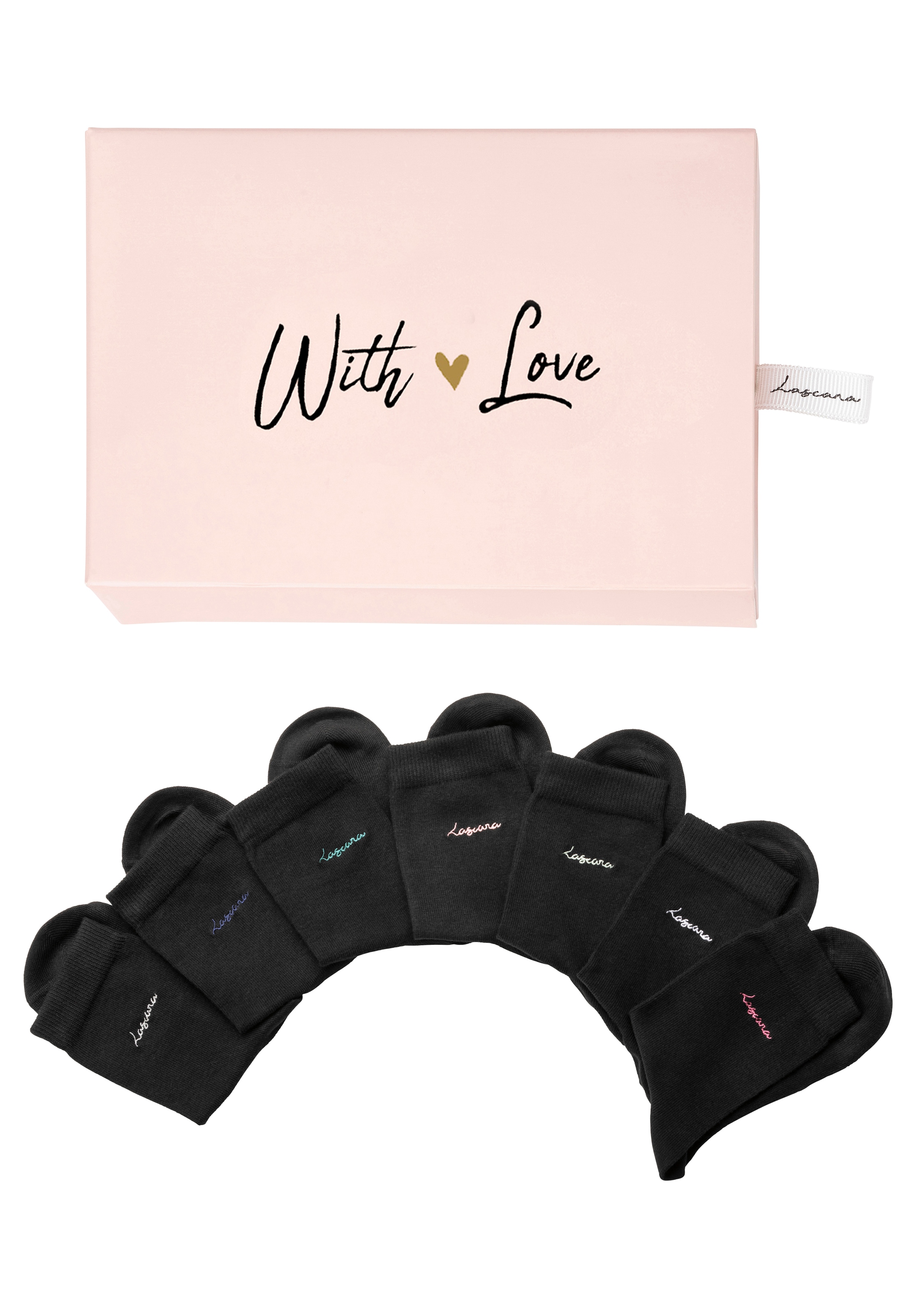 LASCANA Basicsocken, (Box, 7 Paar), mit hochwertiger Logo Stickerei