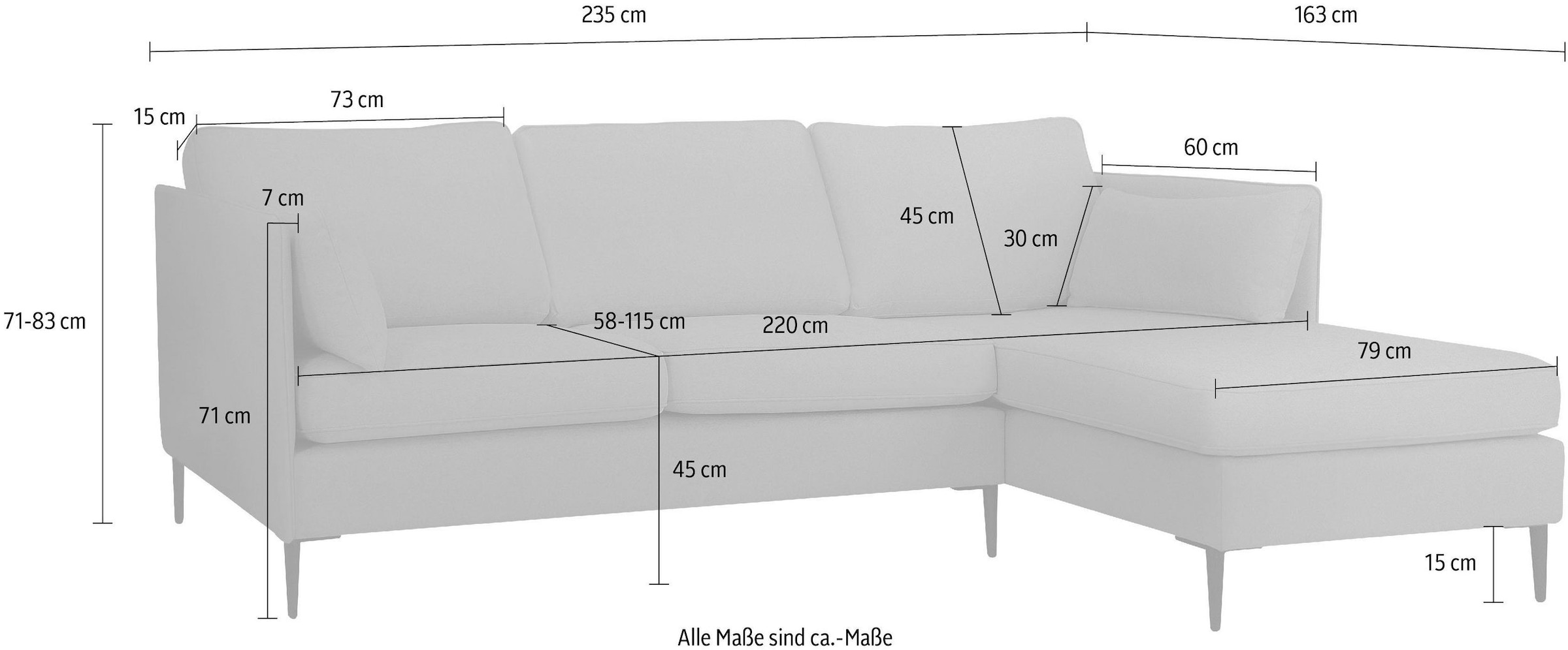 Leonique Ecksofa »Light L-Form«, inklusive loser Zierkissen, mit schmalen Armlehnen und Teleskopfüssen