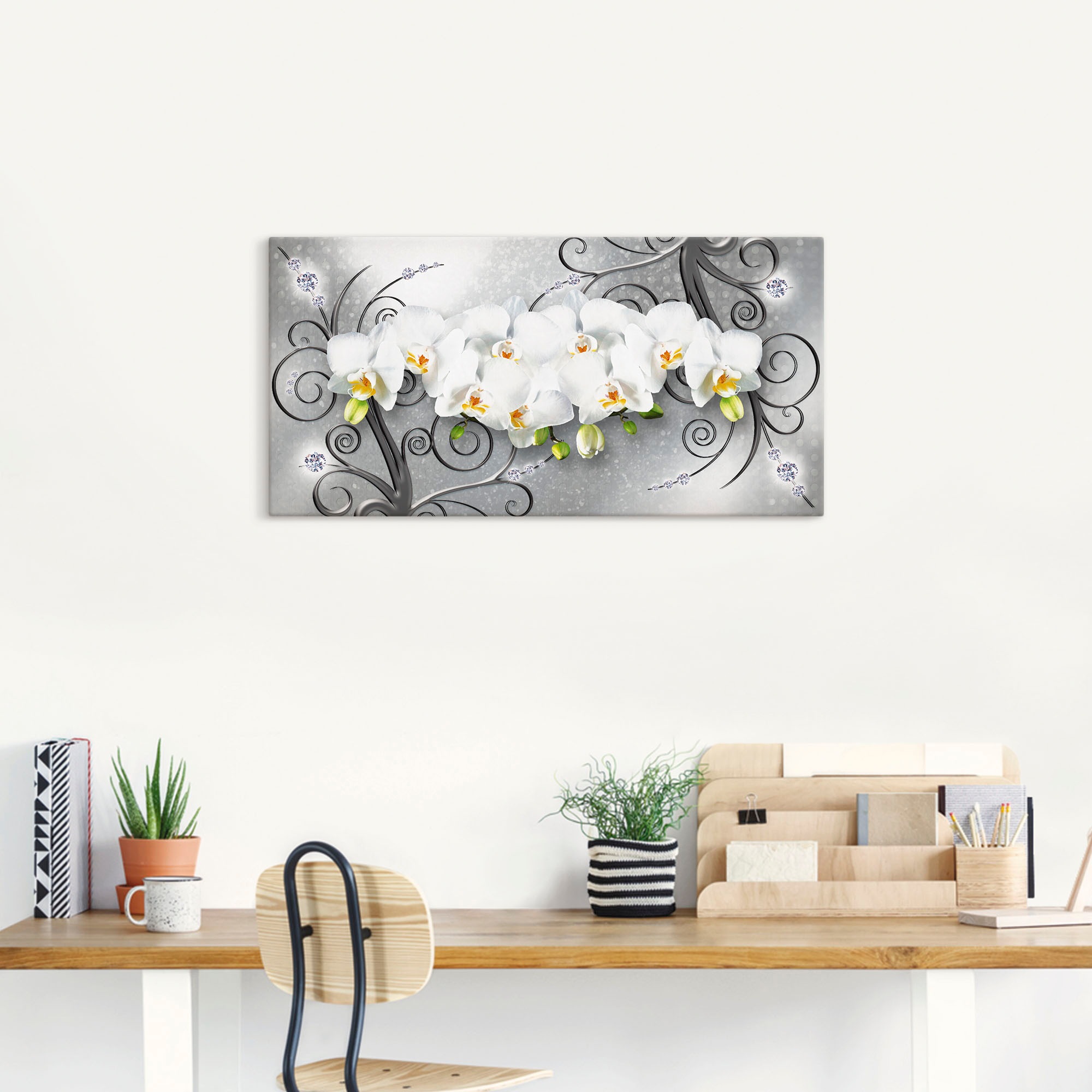 Artland Wandbild "weiße Orchideen auf Ornamenten" Blumenbilder 1 Stk. tlg. als Alubild, Leinwandbild, Poster in verschied. Größen