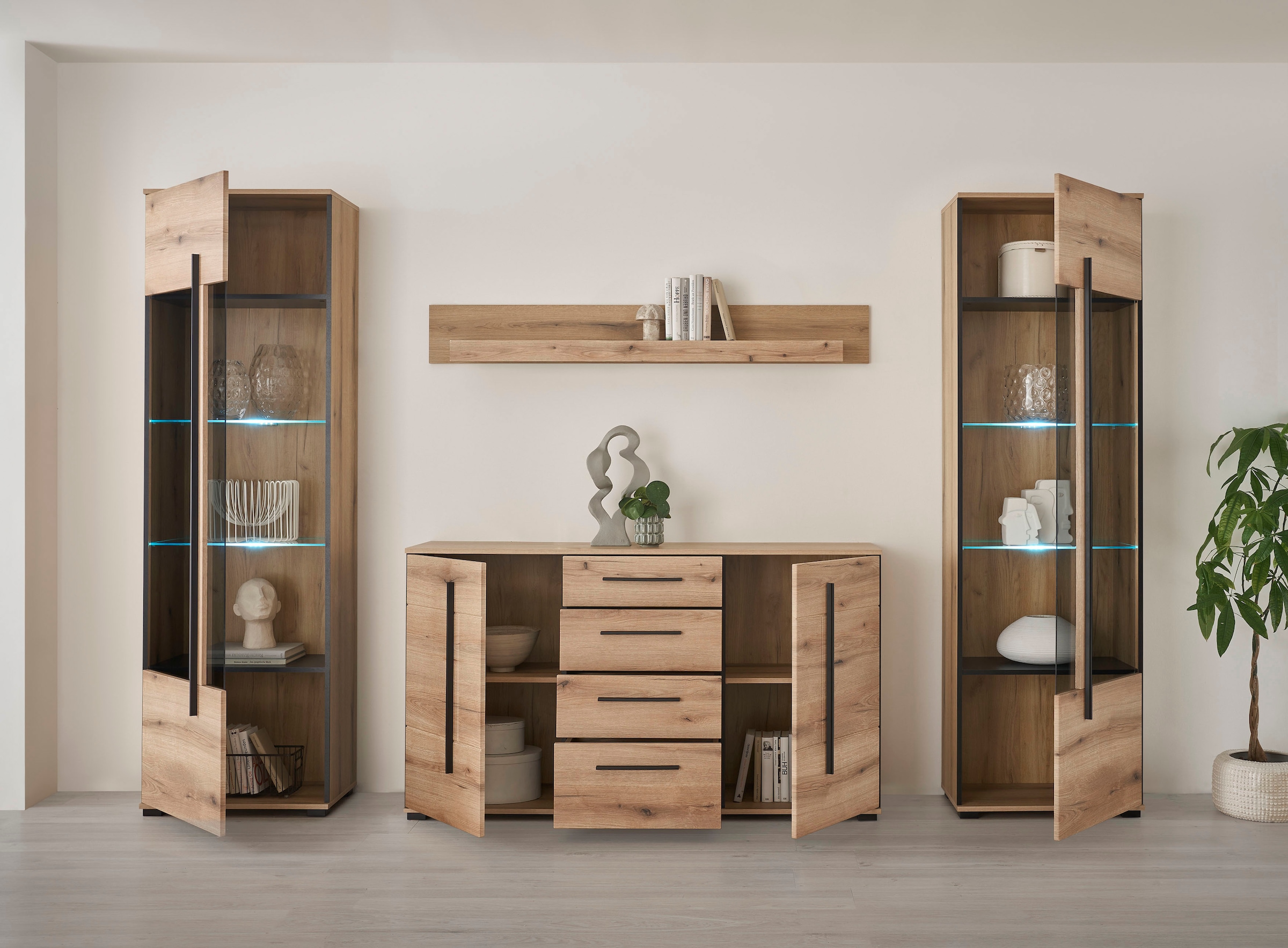 INOSIGN Wohnwand »Cantara, moderne Anbauwand, Wohnzimmer-Set, in Eiche Evoke oder Weiss«, (Set), enthält zwei Vitrinen, ein Sideboard und ein Wandboard