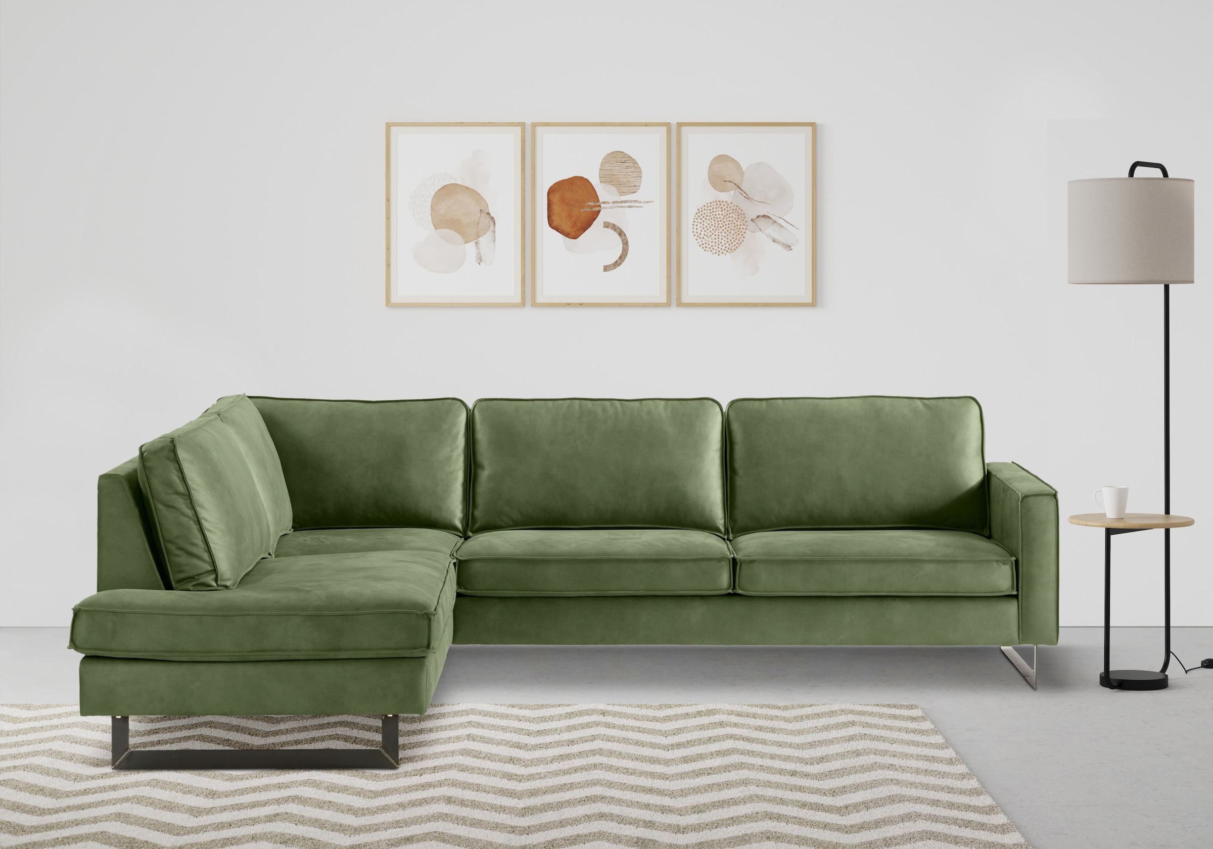 Places of Style Ecksofa »Pinto, 290 cm, Cord, Chenille, Lederoptik, Ottomane links / rechts«, mit Keder, schwarze Metallfüsse, Wellenunterfederung