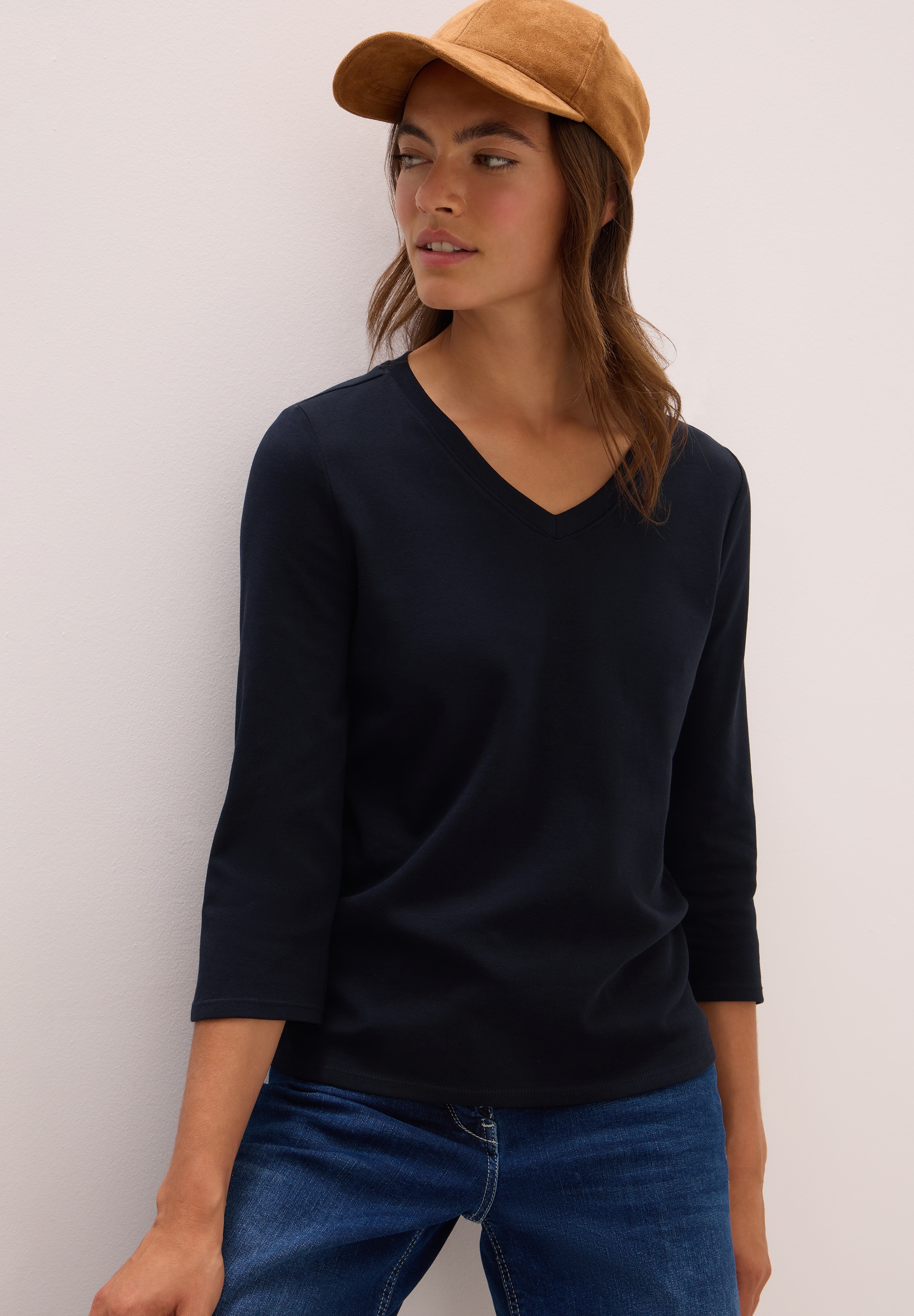 Cecil 3/4-Arm-Shirt mit V-Ausschnitt, unifarben