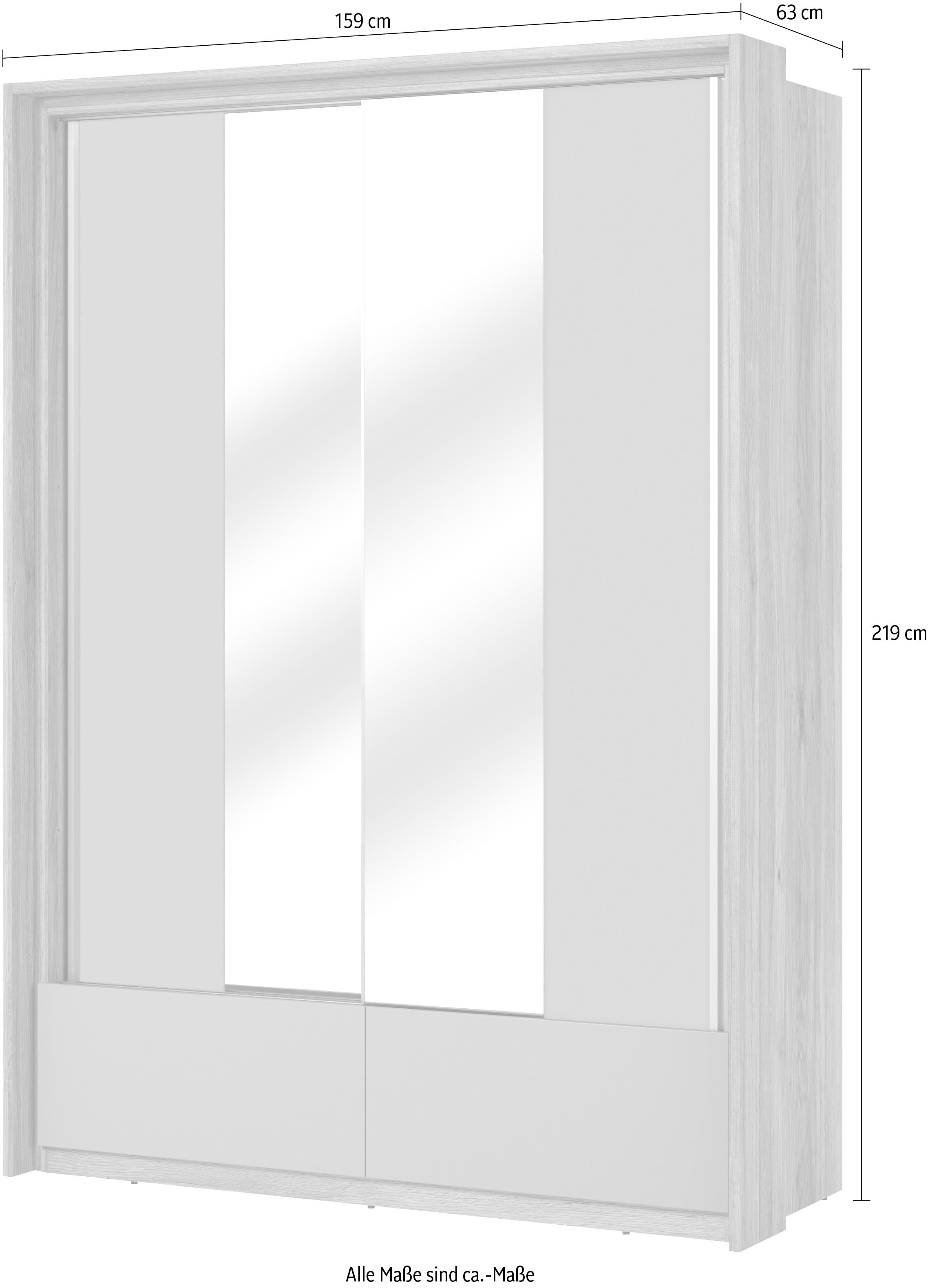 Home affaire Schwebetürenschrank »Wharton, Breite 159 oder 209 cm, Kleiderschrank incl. Innenausstattung«, Wäscheschrank, 2 Schubkästen, 2 Spiegel, Metallgriffe, Garderobe