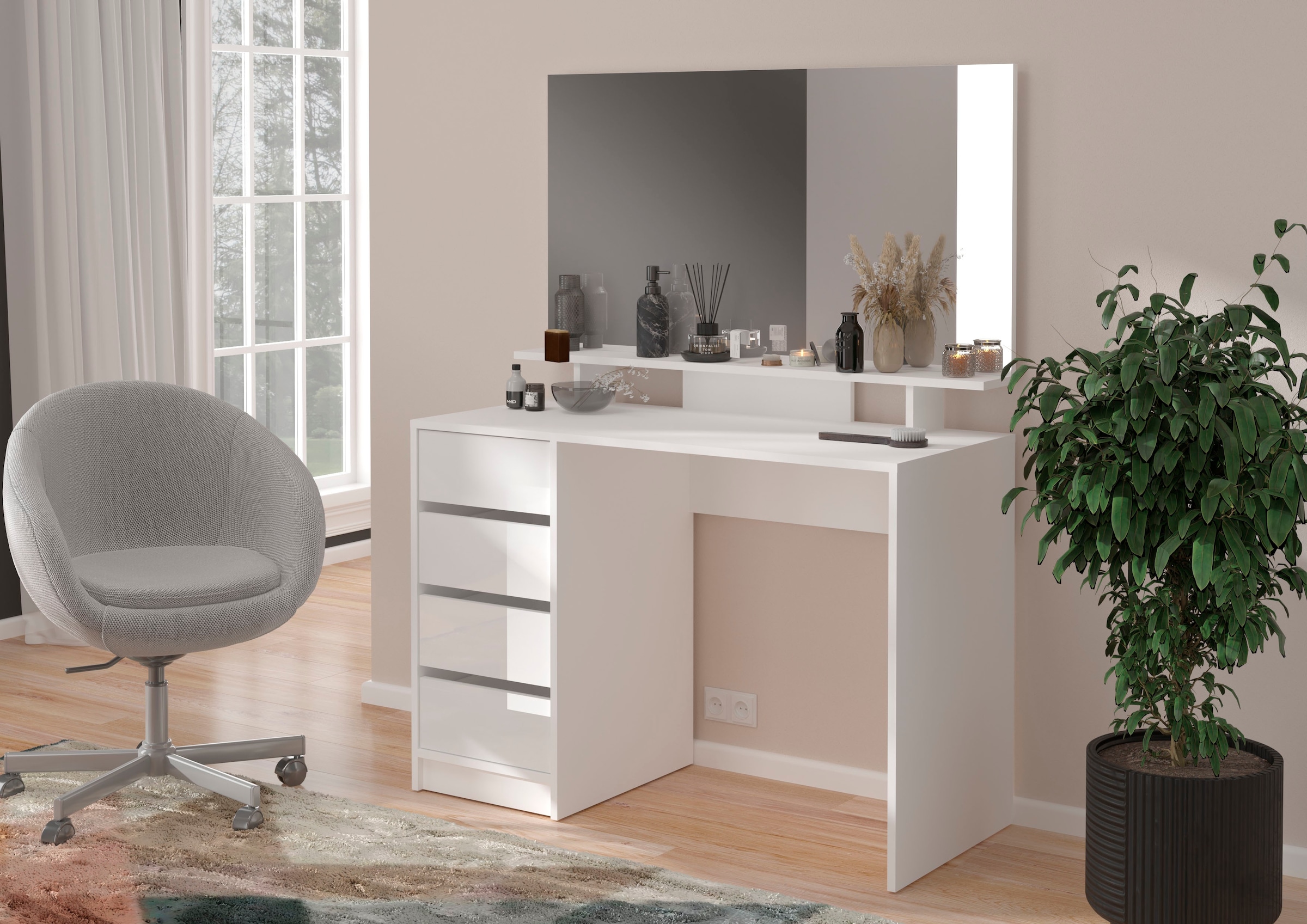 INOSIGN Schreibtisch »Pisa, Breite 110 cm, 4 Schubkästen, hochglanz Schubkastenfront«, grifflose Optik, individuell einsetzbar, Schminktisch, Homeoffice