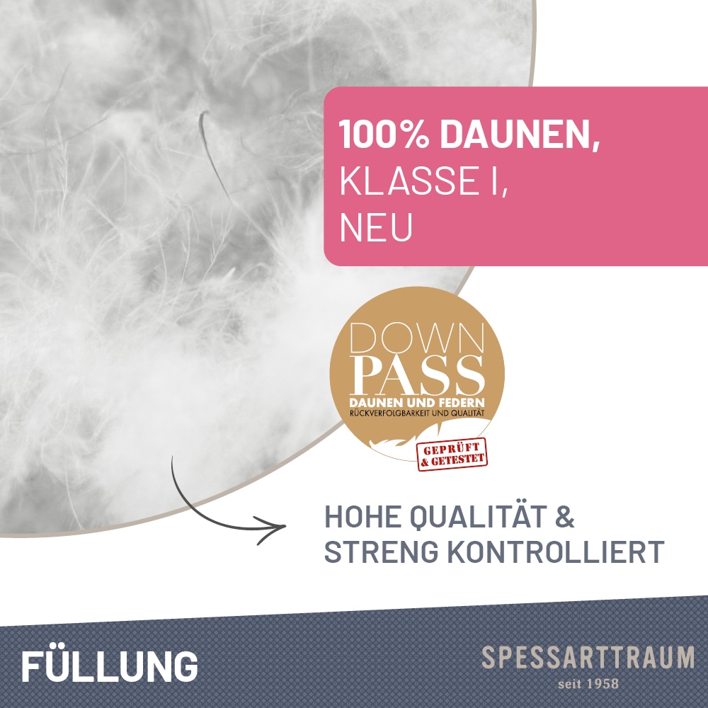 SPESSARTTRAUM Daunenbettdecke »Exklusiv, Bettdecken für Sommer und Winter«, Füllung 100% Daunen, Klasse 1, Downpass zertifiziert, Bezug 100% Baumwolle, nachhaltig (Made in Green), Hausstauballergiker geeignet, (1 St.), 5 Wärmeklassen & 8 Grössen
