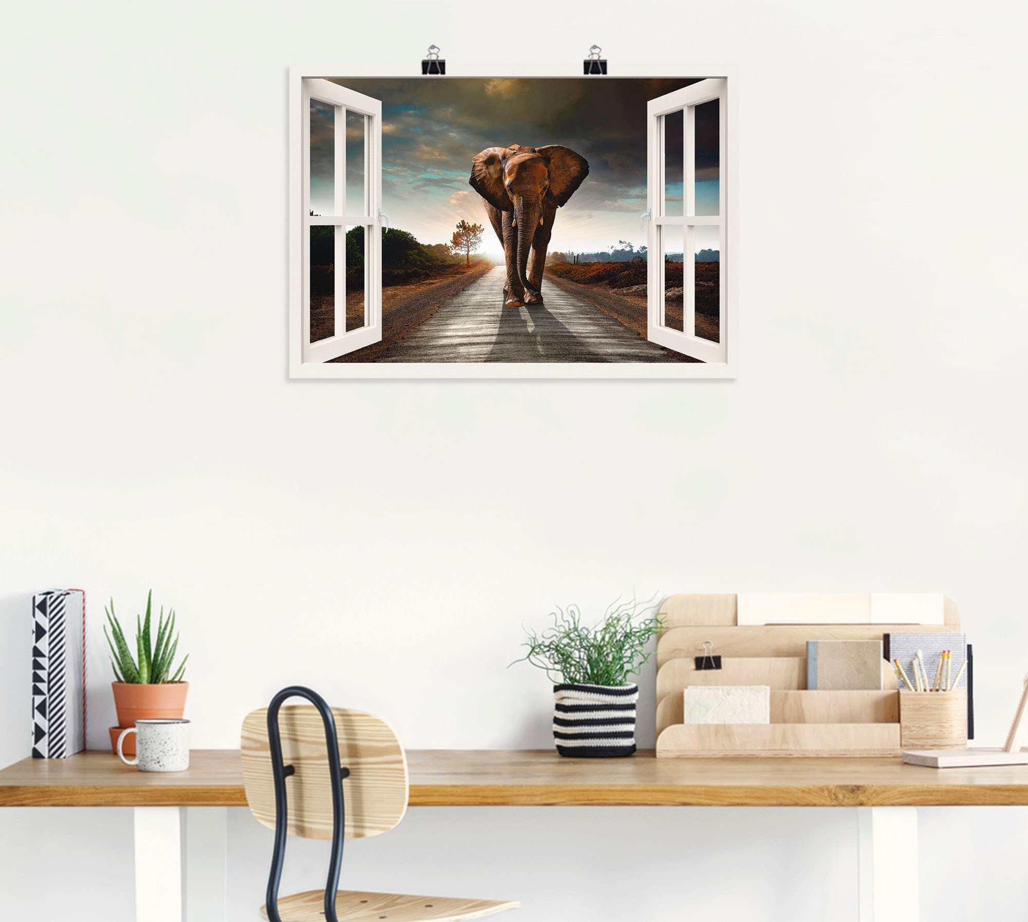 Artland Wandbild »Elefant auf Strasse«, Fensterblick, (1 St.), als Leinwandbild, Poster in verschied. Grössen