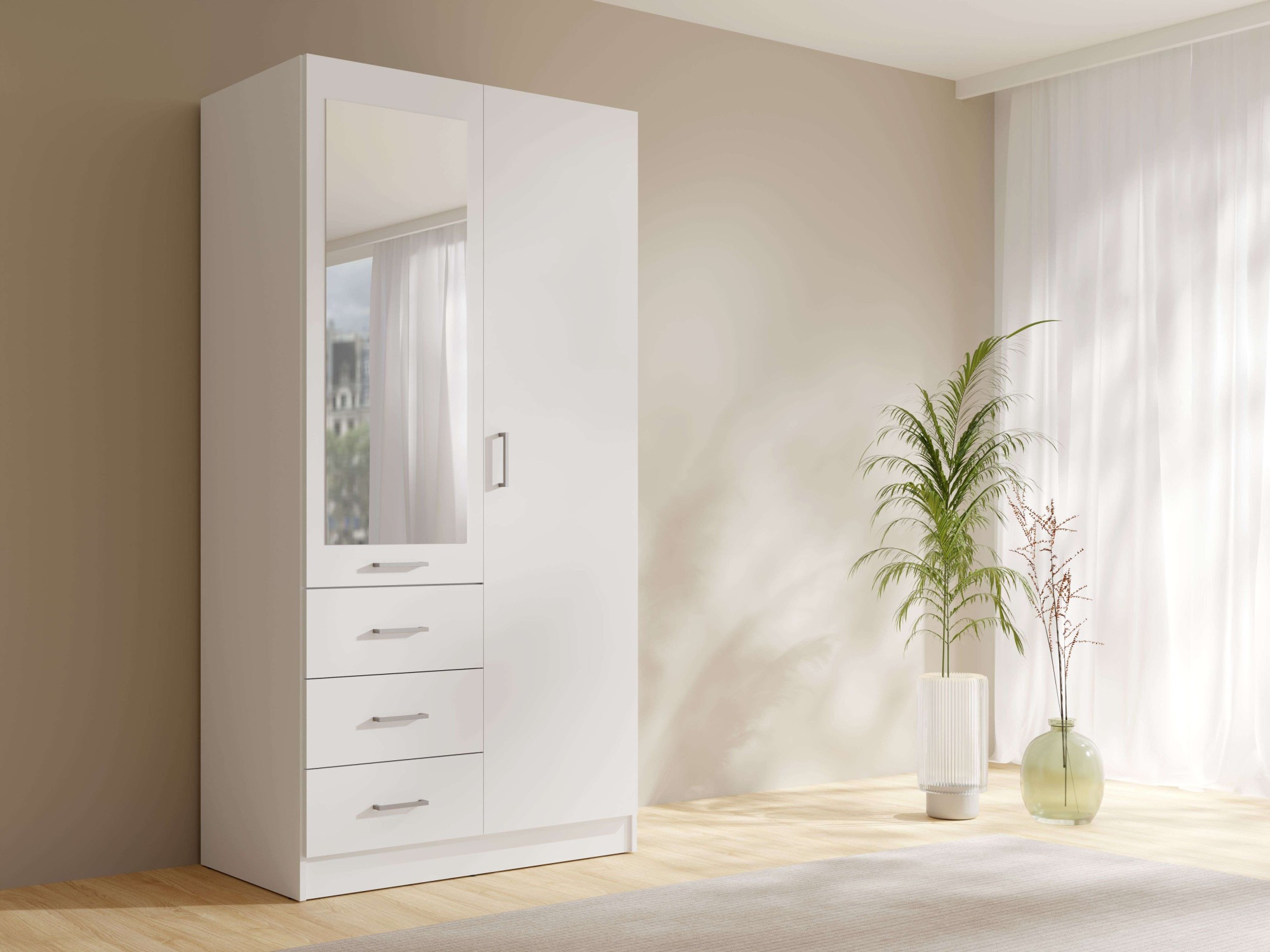 GOODproduct Kleiderschrank "KOOS Garderobe mit 3 Schubladen, Kleiderstange und Spiegel" Wäscheschrank mit 2 Drehtüren, silber Griffen, Masse B/H/T 101/200/58cm