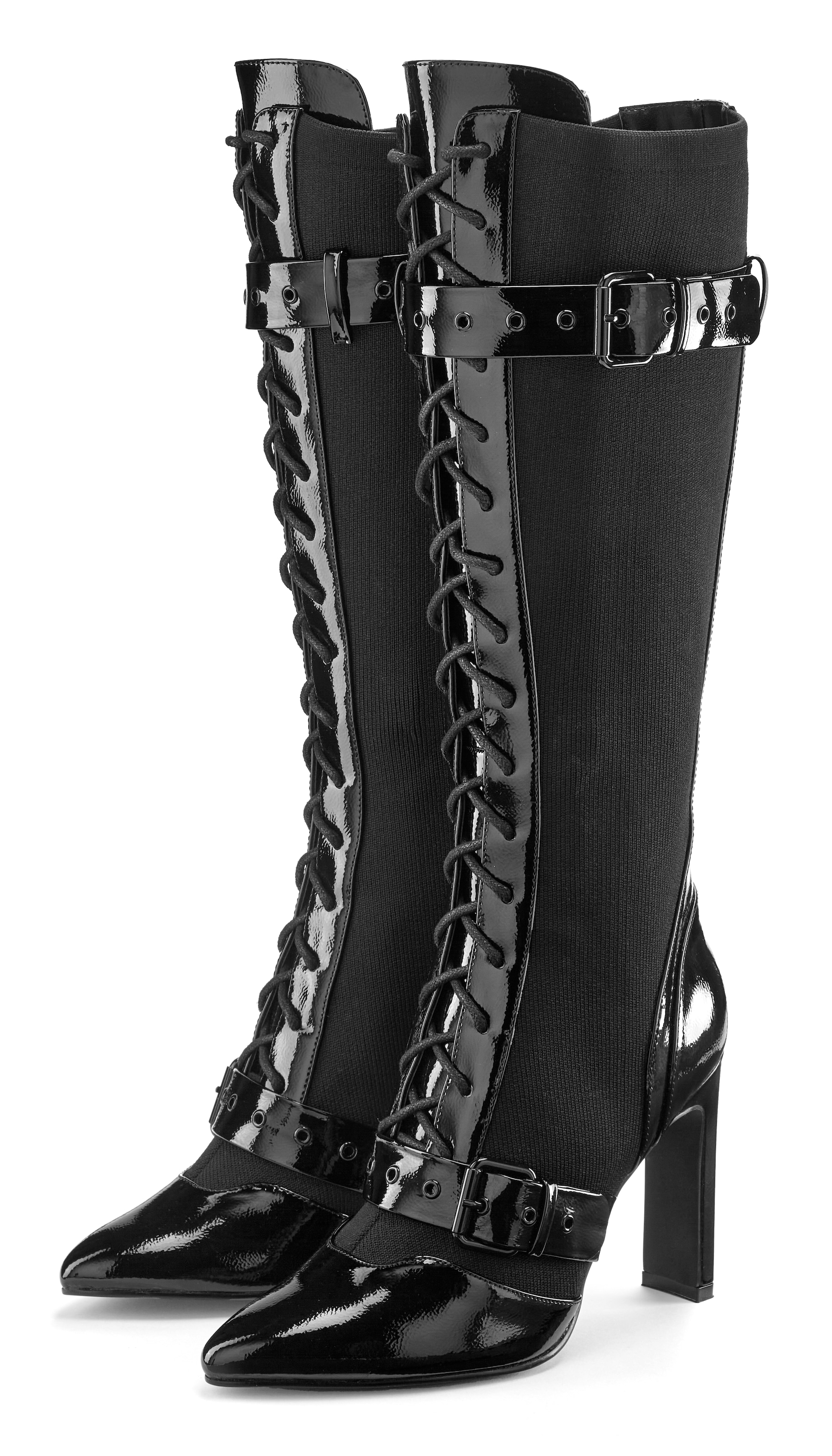 High-Heel-Stiefel, Schnürstiefel mit erotischer Lack-Optik, High-Heel-Stiefelette