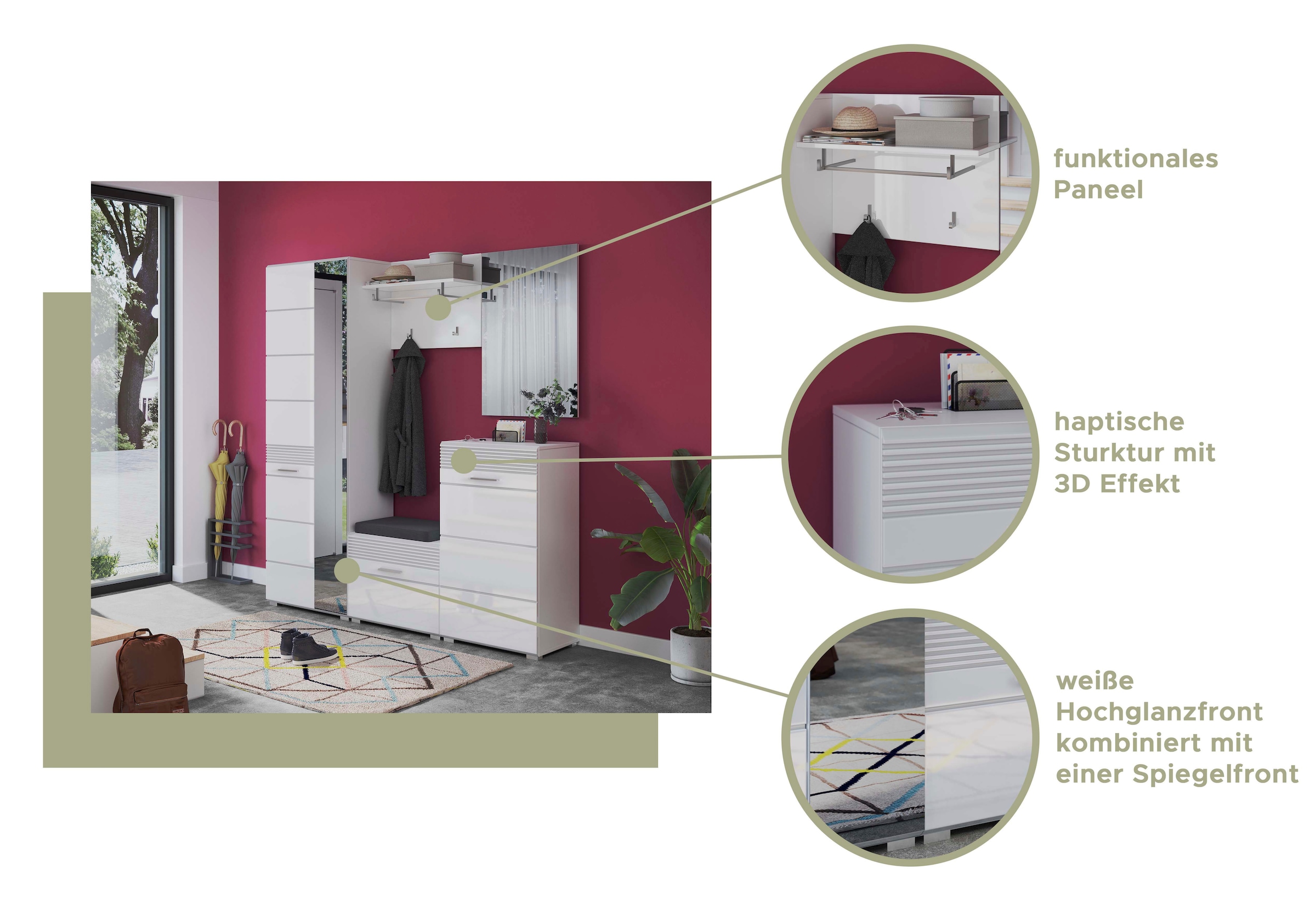 INOSIGN Garderoben-Set »Malmö, Breite 170cm, MDF Front mit Rillenfräsung, 5-teilig, best. aus:«, (5 St.), Garderobenschrank, Sitzbank, Garderobenpaneel, Schuhkommode & Spiegel