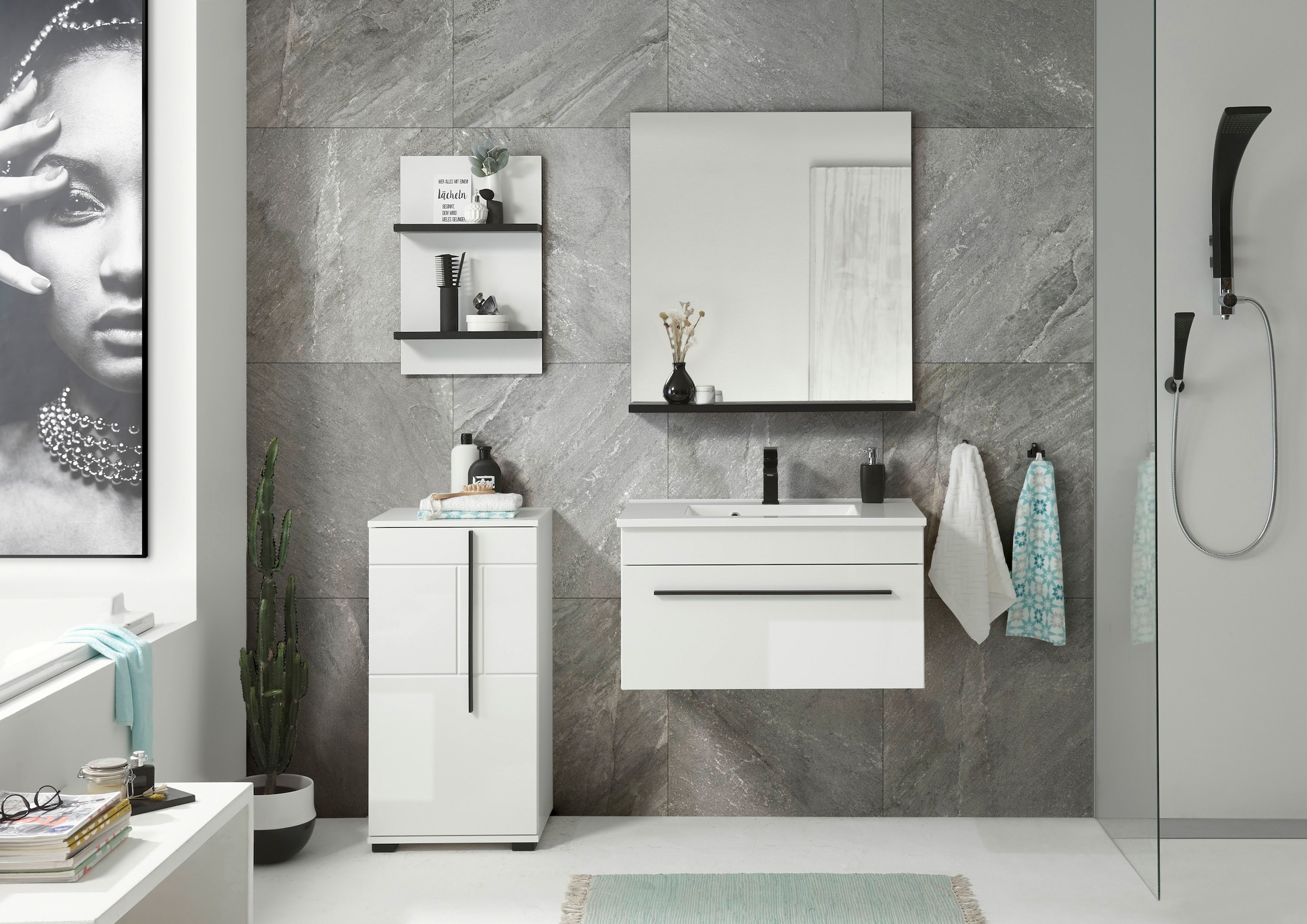 INOSIGN Unterschrank »Cantara, Badschrank in Hochglanz Weiss, Schrank im modernen Design«, mit schwarzen Griffen, ausreichend Stauraum
