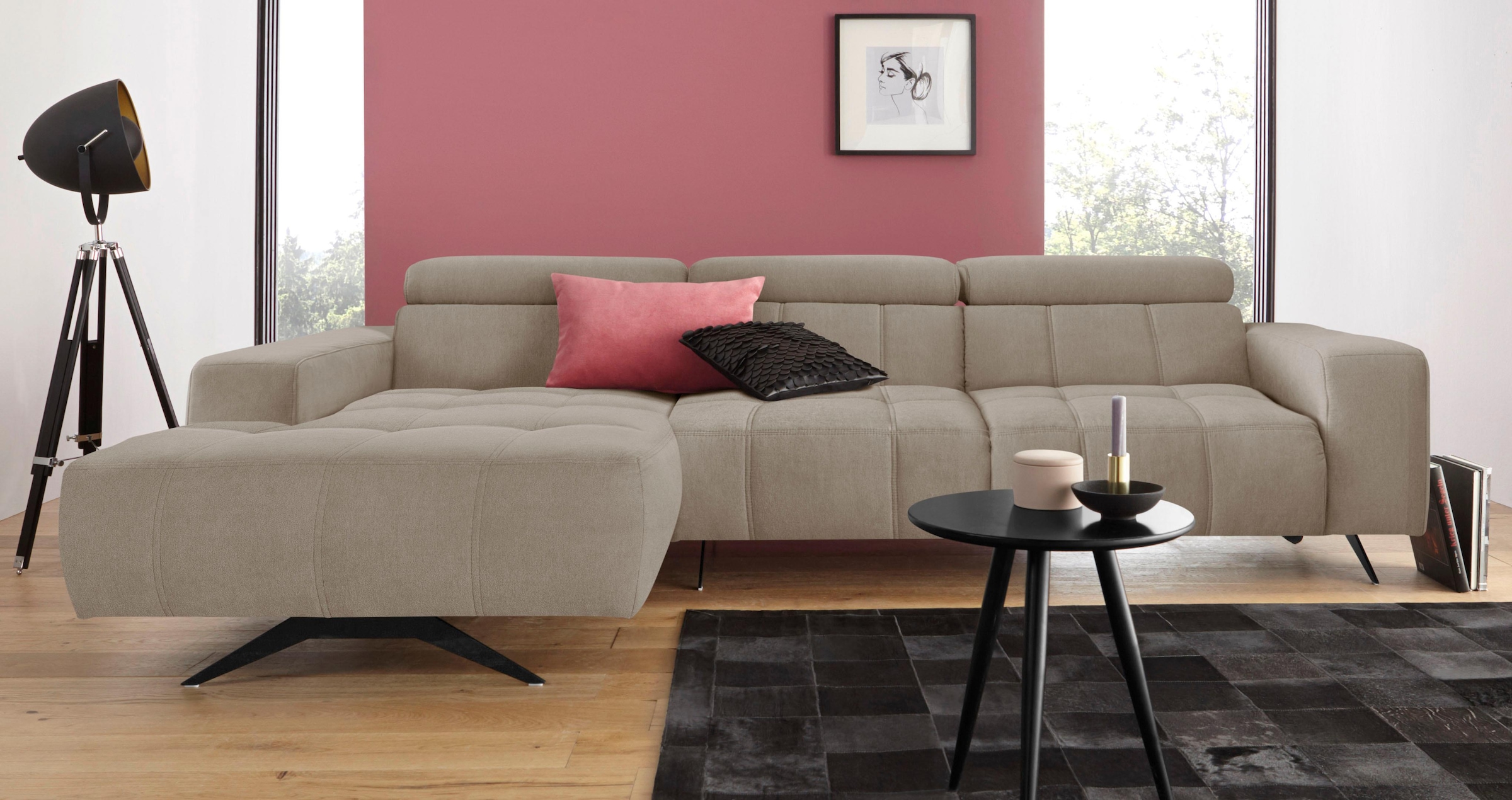 DOMO collection Ecksofa »Trento L-Form, mit Kufenfuss oder Einzelfuss«, wahlweise mit Kopfteilverstellung, Recamiere links/rechts bestellbar