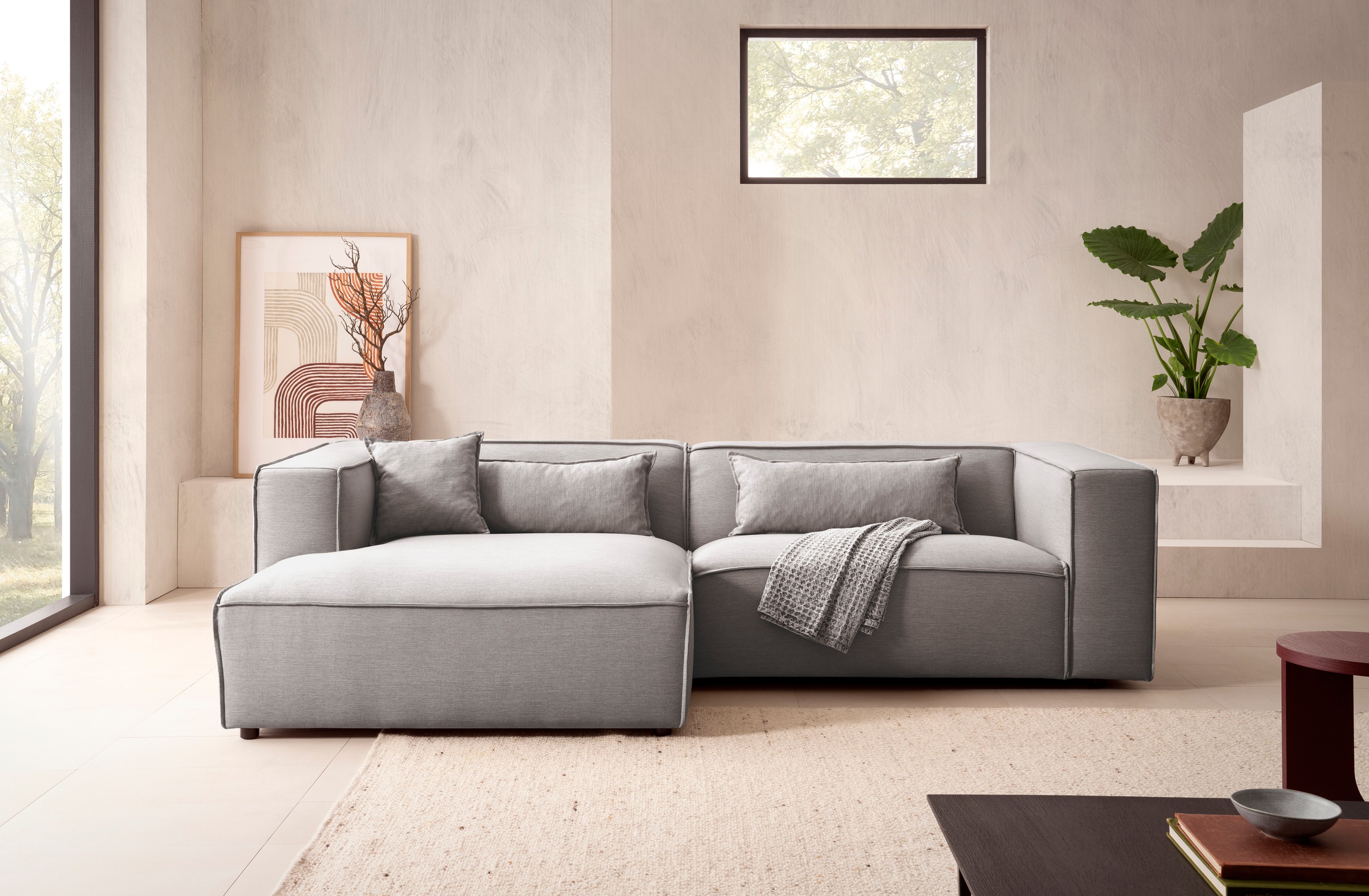 LeGer Home by Lena Gercke Ecksofa »PIARA mit Kedernaht, Cord, Leinenoptik o. Strukturstoff, Couch, L-Form«, wahlweise Ottomane rechts/links, schwarze Füsse, bequemer Sitzkomfort