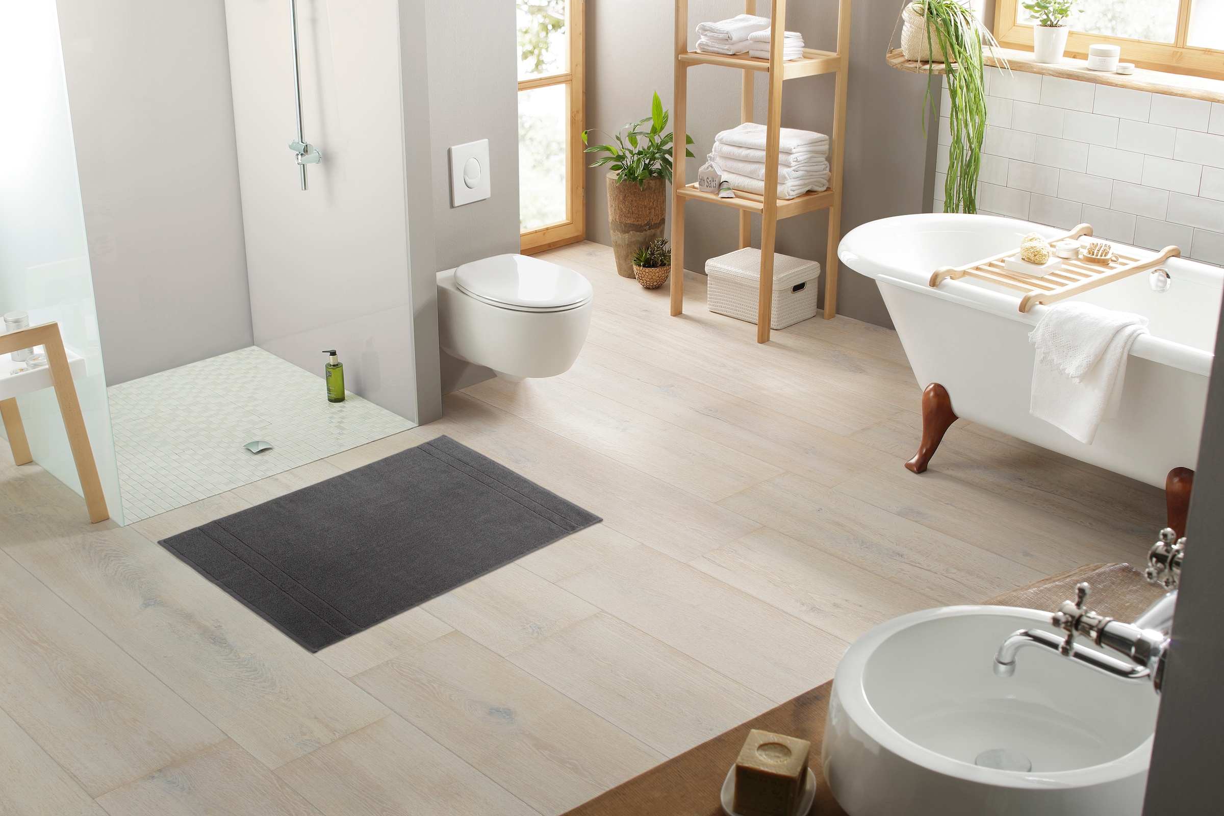 my home Badematte »Inga, 2 tlg. Hotelmatten-Set«, beidseitig nutzbar-schnell trocknend-strapazierfähig-fussbodenheizungsgeeignet, feine Bordüre, einfarbig, 100% Baumwolle, 2-teiliges Badematten-Set