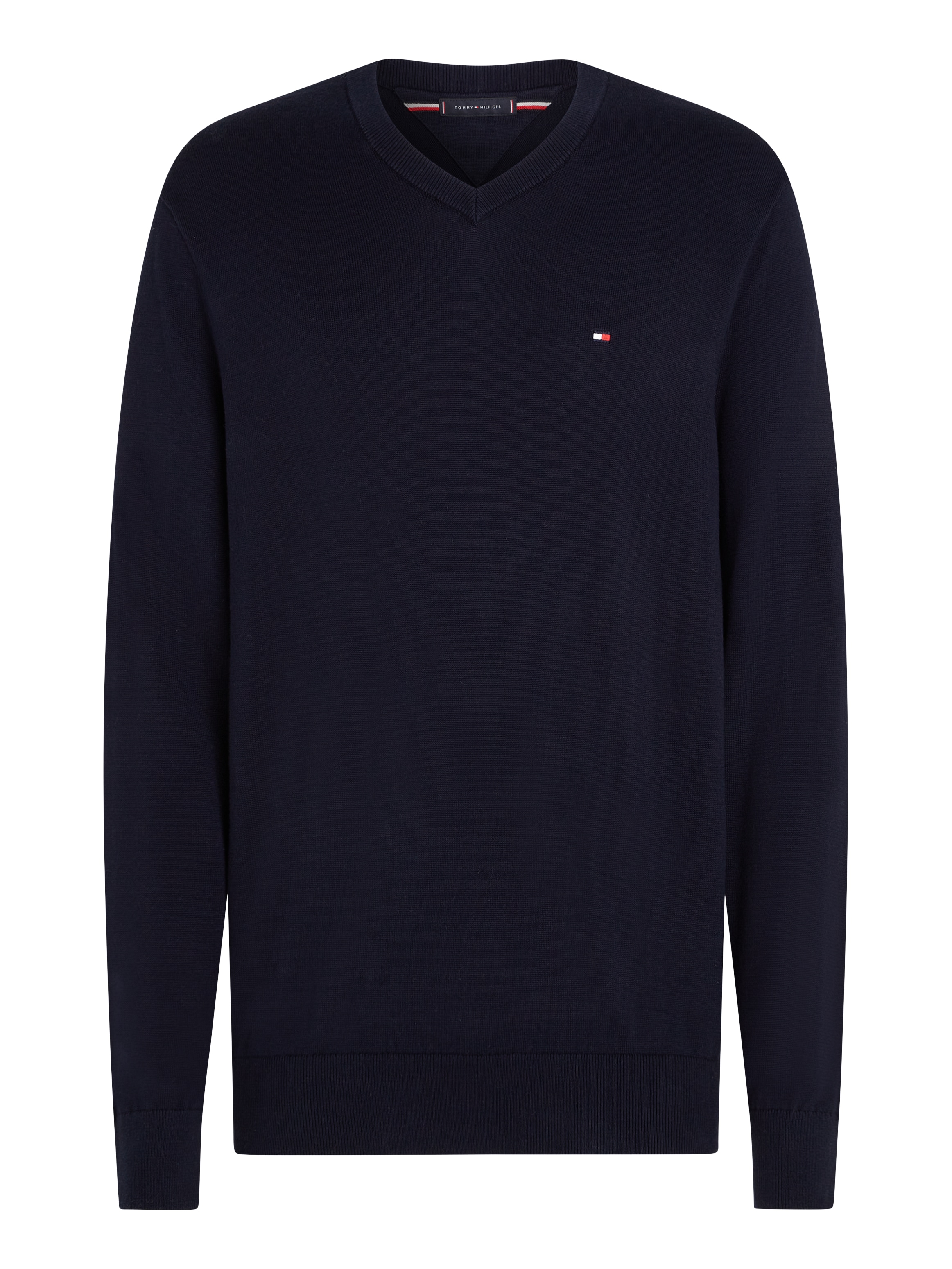 Tommy Hilfiger Strickpullover »ESSENTIAL COTTON V NECK mit V-Ausschnitt und Stickerei«, unifarben, casual, regular fit, Baumwolle, V-Ausschnitt