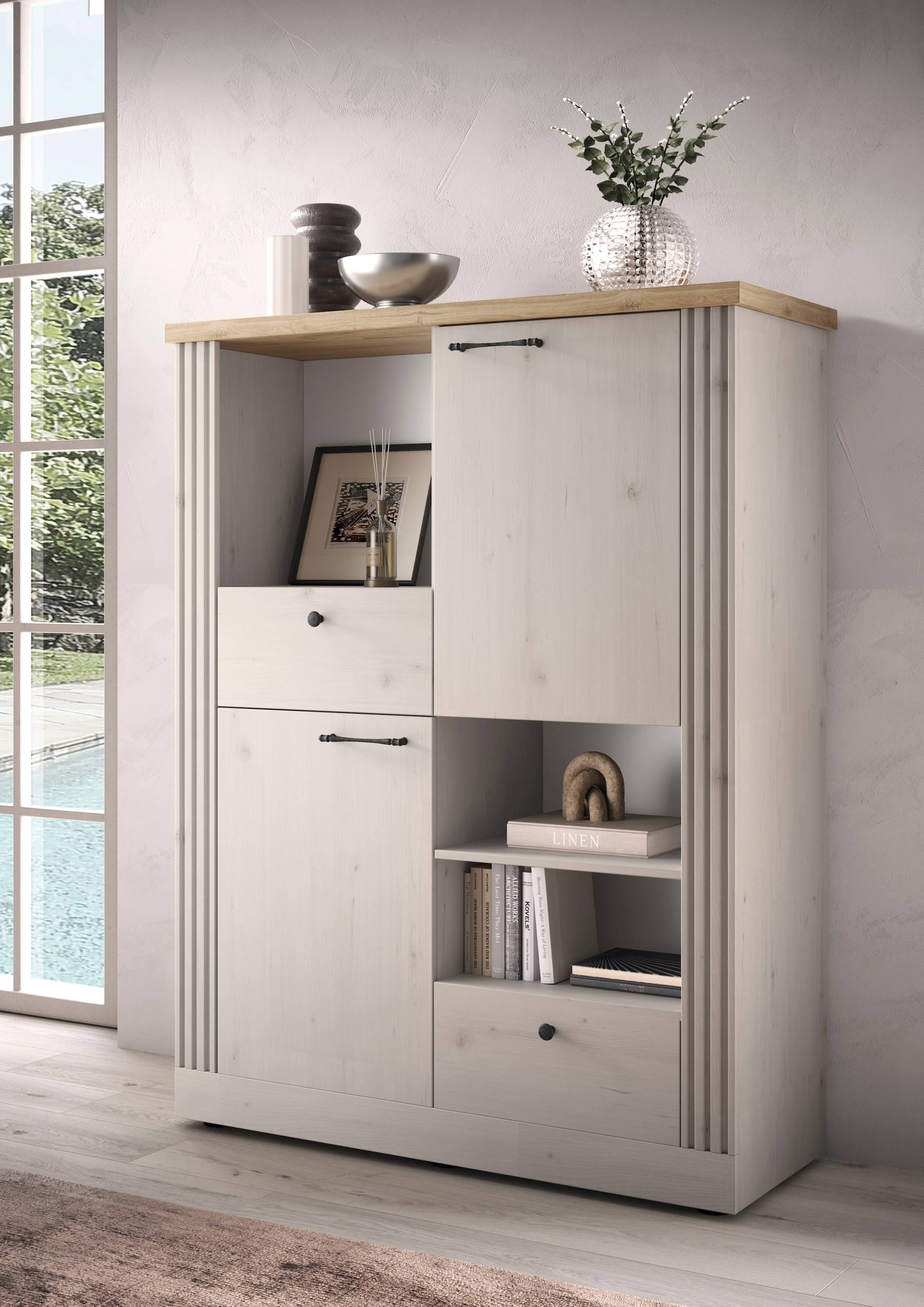 Home affaire Highboard »Country Höhe 160 cm u. Breite 118 cm, Kommode 2 Türen, 2 Schubkästen,«, Schrank im Landhausstil, viel Stauraum, mit Metallgriffe, MDF-Rahmen