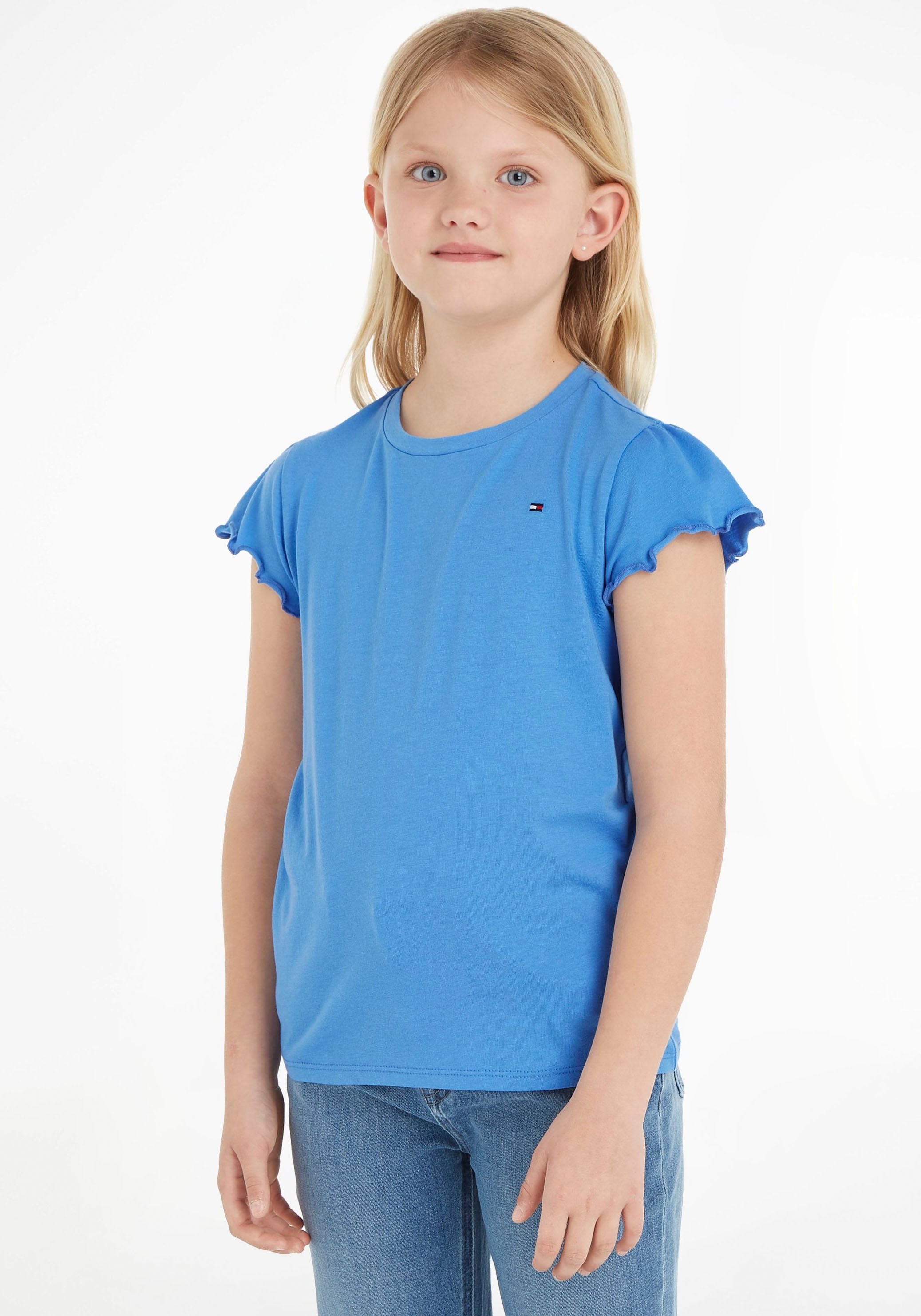 Tommy Hilfiger T-Shirt »ESSENTIAL RUFFLE SLEEVE TOP S/S«, mit Bogenkante, Logostickerei