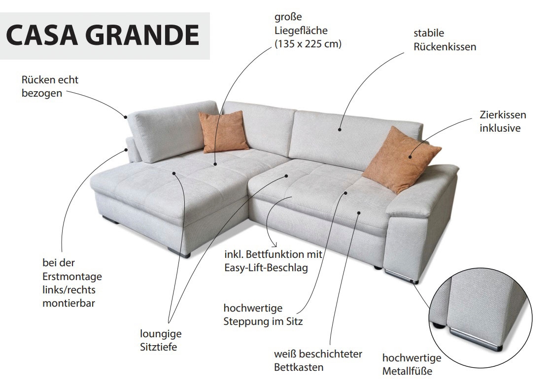 exxpo - sofa fashion Ecksofa »Casa Grande inkl. Bettfunktion, Bettkasten, OTTOs Choice, bequem«, L-Form, guter Sitzkomfort, grosse Liegefläche