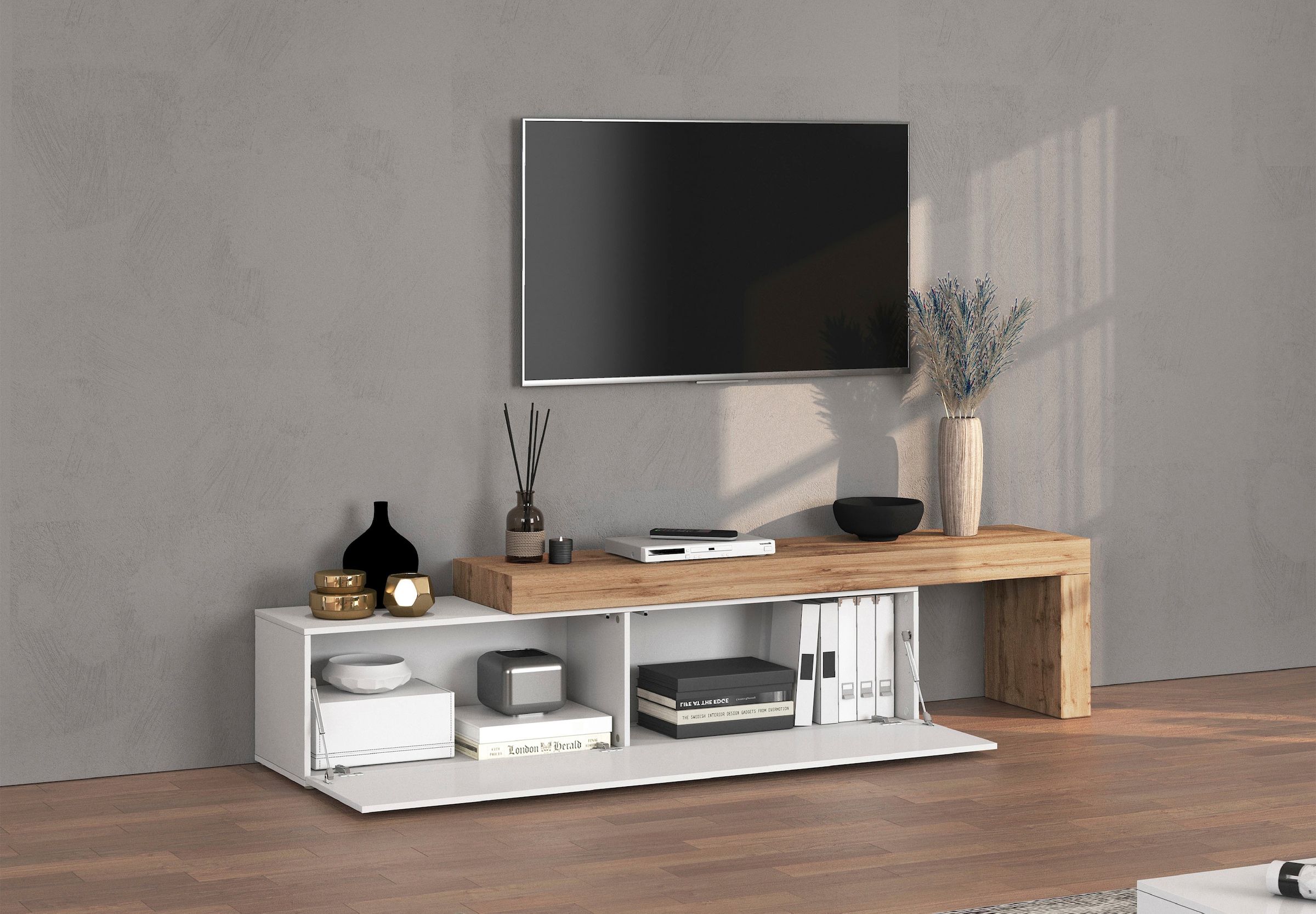 INOSIGN Lowboard »Chronos TV-Board, TV-Schrank«, (1 St., Breite verstellbar von 190 bis 350 cm), Breite 270 cm TV-Board,Lowboard,1 Klappe und ein L-Förmiger Aufsatz
