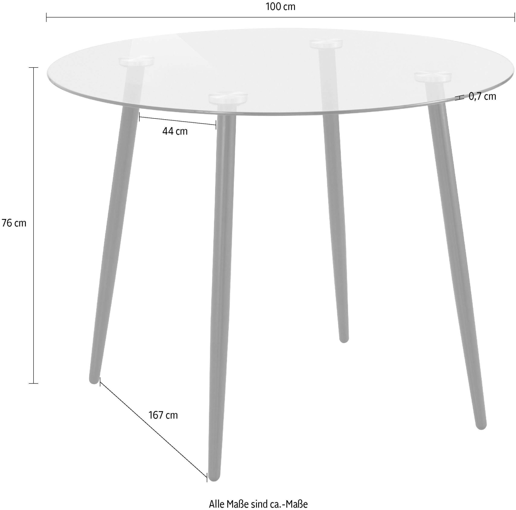 INOSIGN Essgruppe »Danny-Miller«, (Set, 5 tlg., Set 100 cm), Glastisch 100x100 cm mit 4 Stühlen in Cord, Gestell aus Metall