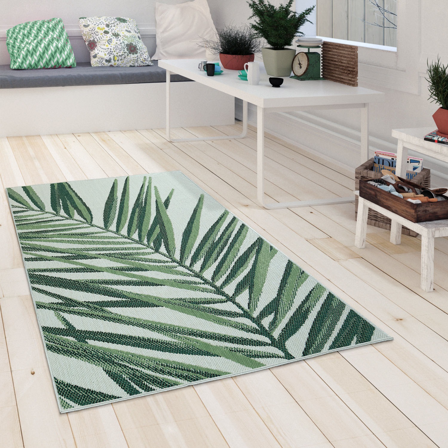 Paco Home Teppich »Ostende 537«, rund, 4 mm Höhe, Flachgewebe, Motiv Palmenblätter, In- und Outdoor geeignet, Wohnzimmer