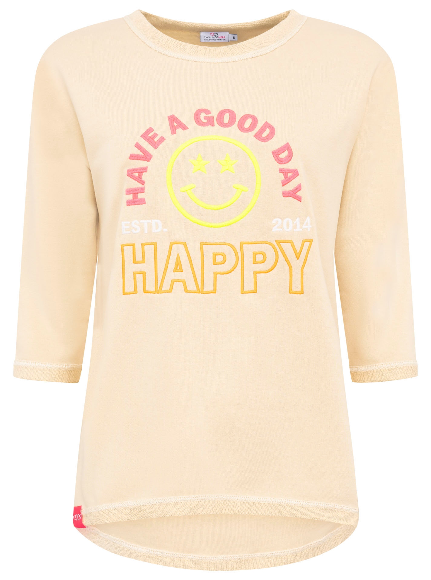 Zwillingsherz Langarmshirt »"Happy"«, 3/4-Arm, Rundhalsausschnitt, Stickerei