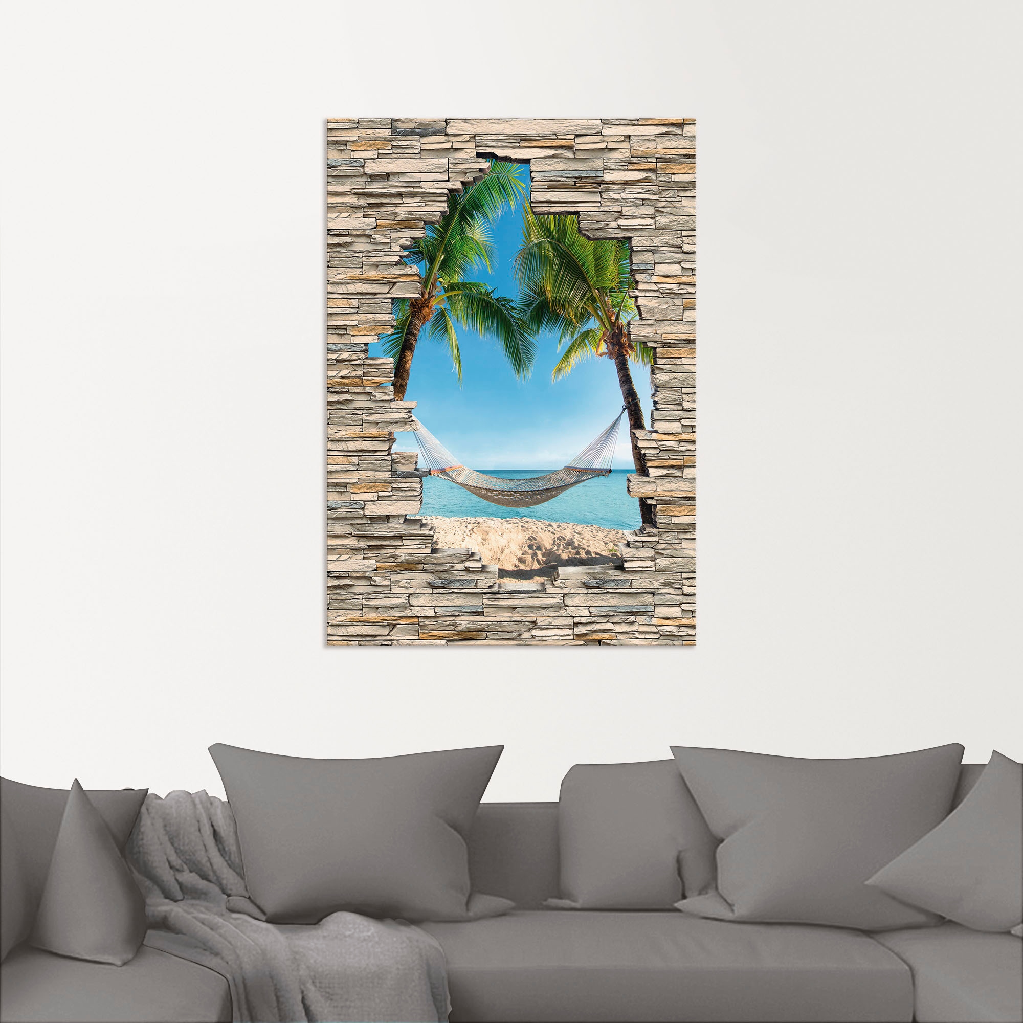 Artland Wandbild »Palmenstrand Karibik Hängematte Stein«, Karibikbilder, (1 St.), als Alubild, Outdoorbild, Poster in verschied. Grössen
