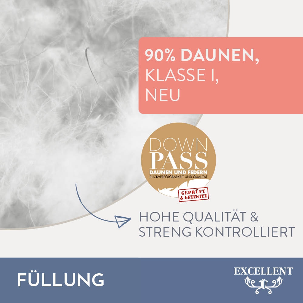 Excellent Daunenbettdecke »Wien, Bettdecken für Sommer und Winter, Decke«, polarwarm, Füllung 90% Daunen, 10% Federn, Bezug 100% Baumwolle, (1 St.), Bettdecke 135x200 cm, made in Germany, allergiker geeignet (Hausstaub)