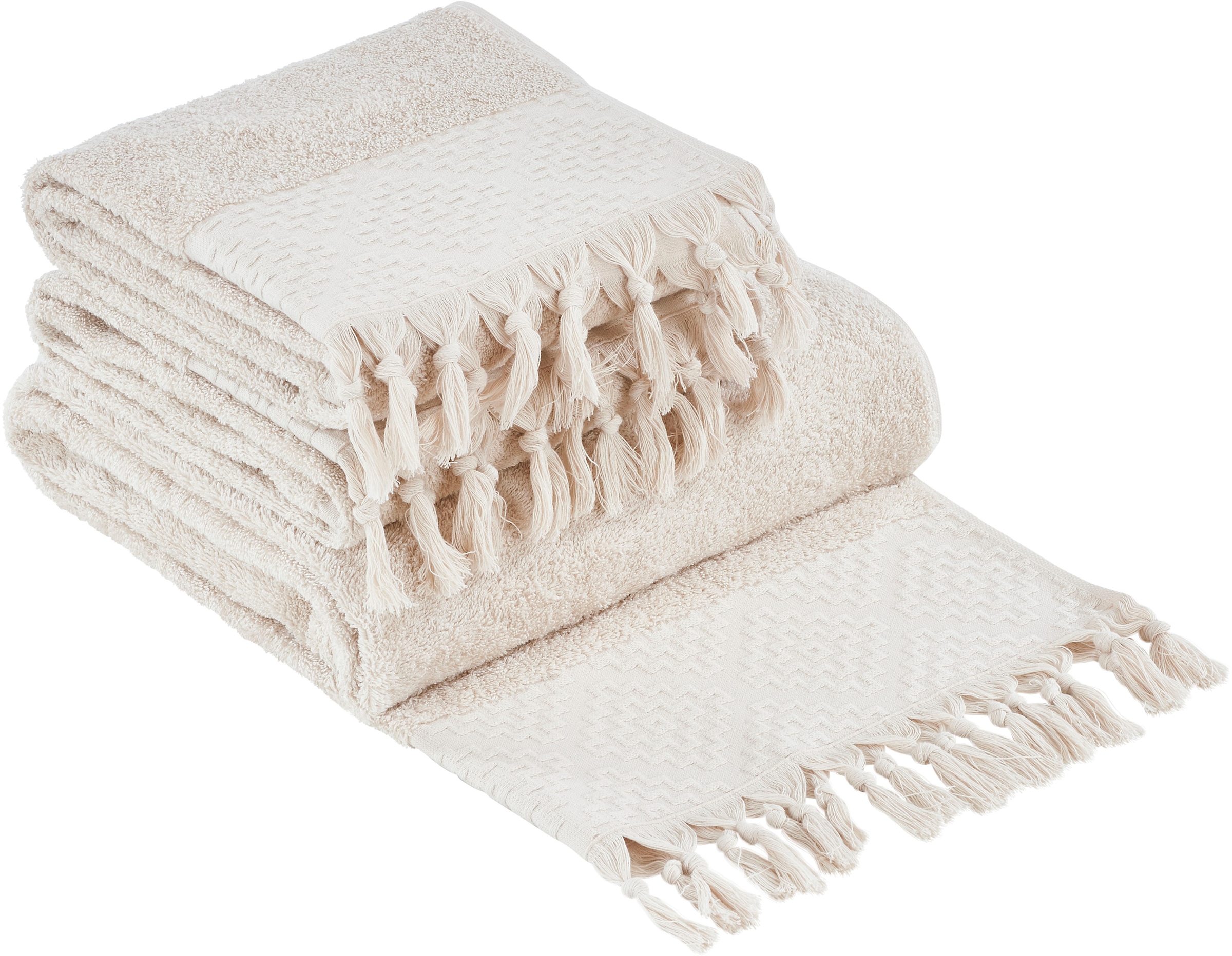 done.® Handtuch Set »Provence Bohéme«, (Set, 3 St., 1 Badetuch (70x140 cm)-2 Handtücher (50x100 cm), Uni-Farben, Boho-Style, mit auffälliger Borte & Fransen