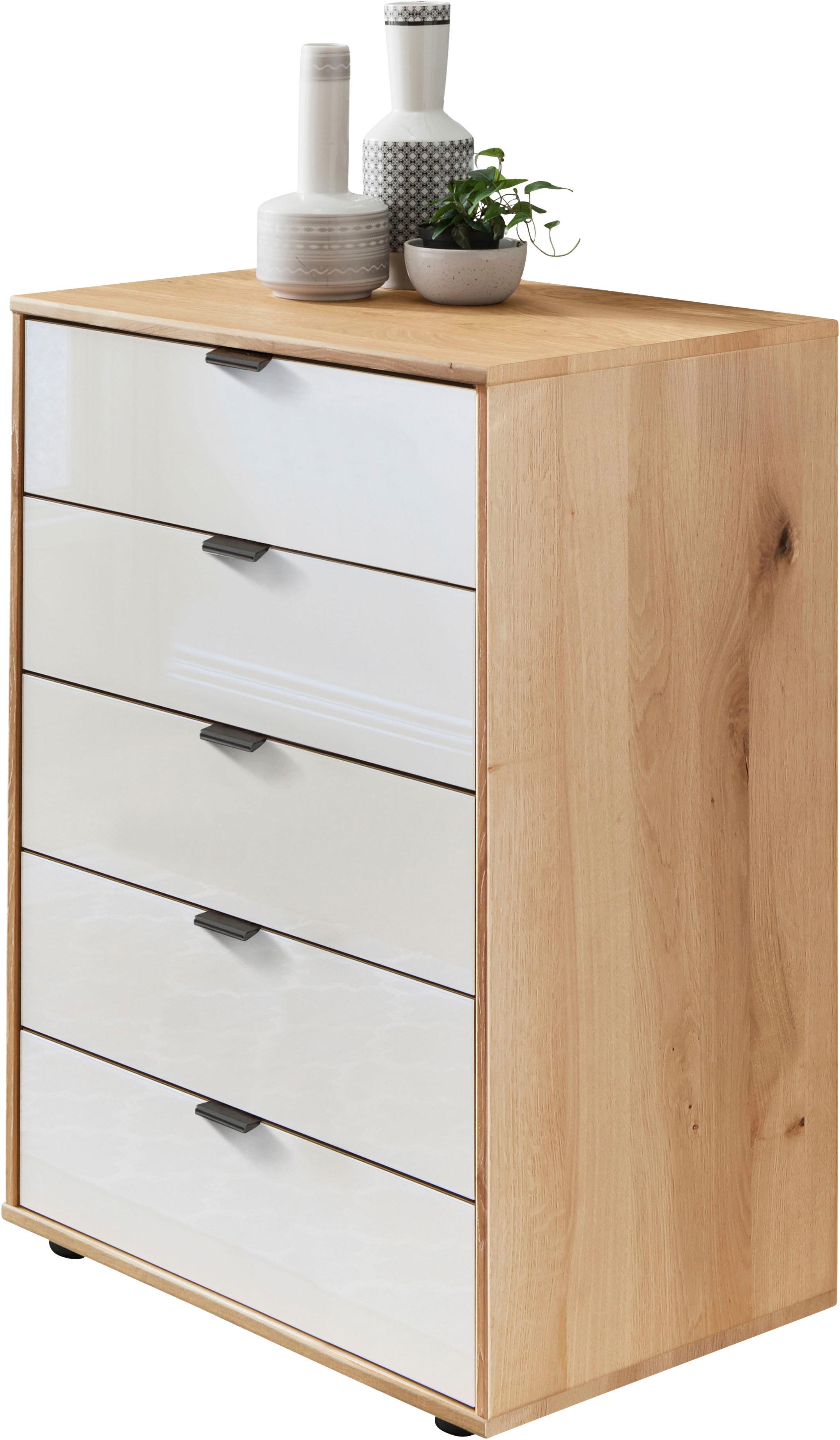 WIEMANN Schubkastenkommode "Cardiff Sideboard, Wäscheschrank, teilmassiv Bianco-Eiche, Schubladen" Glas- oder Massivholzfront, verschiedene Breiten, MADE IN GERMANY, Schubkästen inklusive Selbsteinzug und Dämpfung