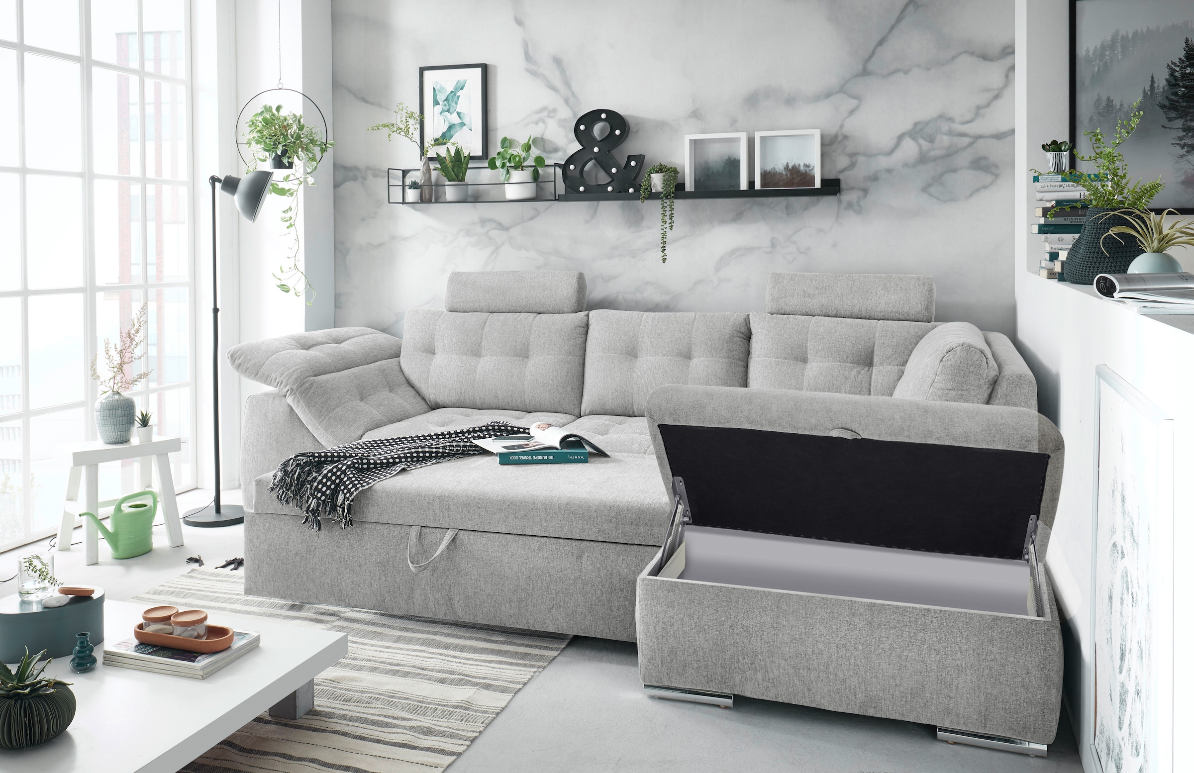 ED EXCITING DESIGN Ecksofa Oman, mit Bettfunktion, Bettkasten, Armteilverstellung und  Kopfstützen