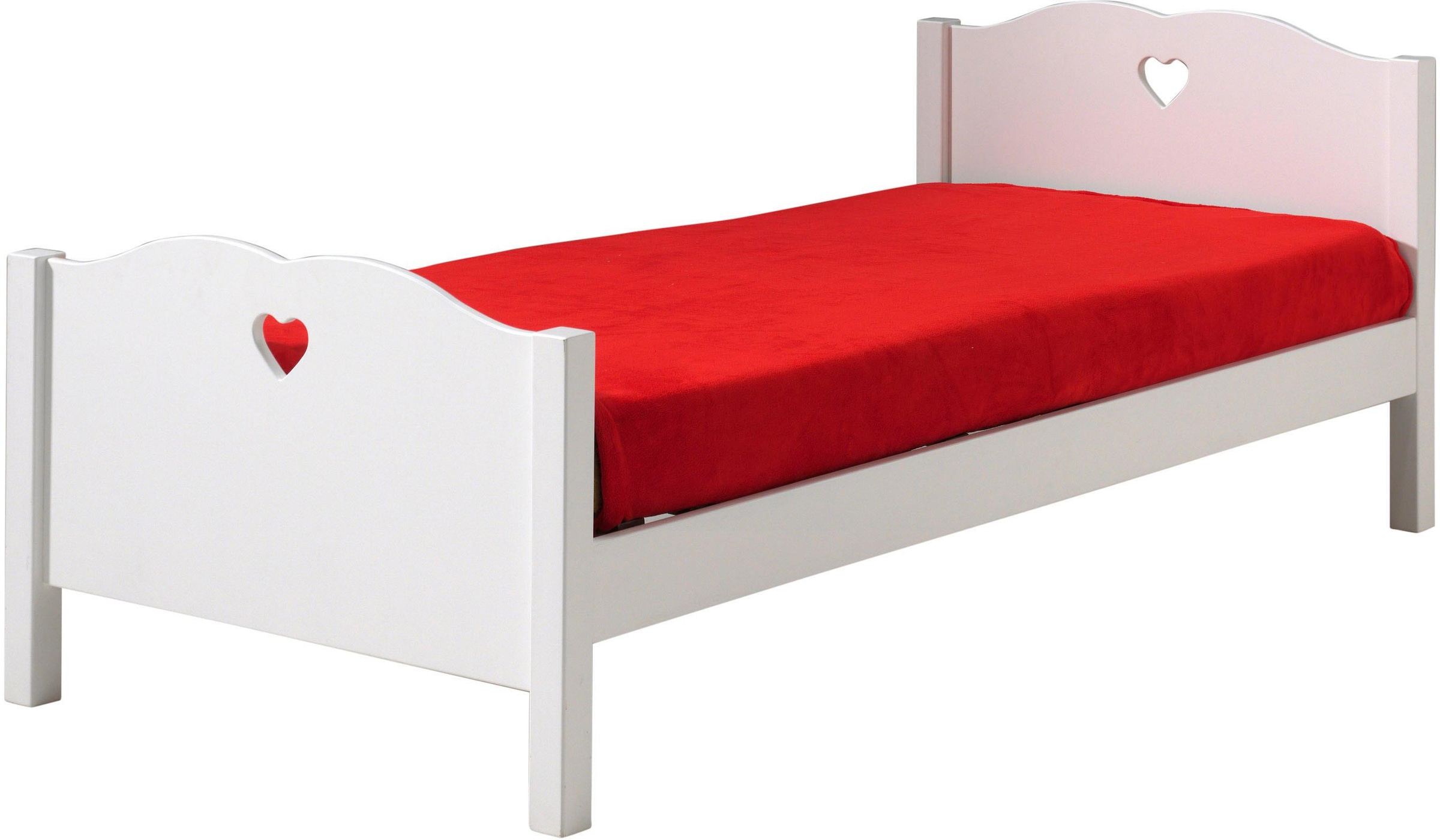 Vipack Kinderbett »Amori, mit nostalgischer Herz-Optik, geschwunges Kopf- und Fussteil«, (B/H/T ca. 212x80x96cm, Weiss lackiert mit Herz-Ausschnitt), Metallwinkel als Rahmenauflage, nur für festen Lattenrost geeignet