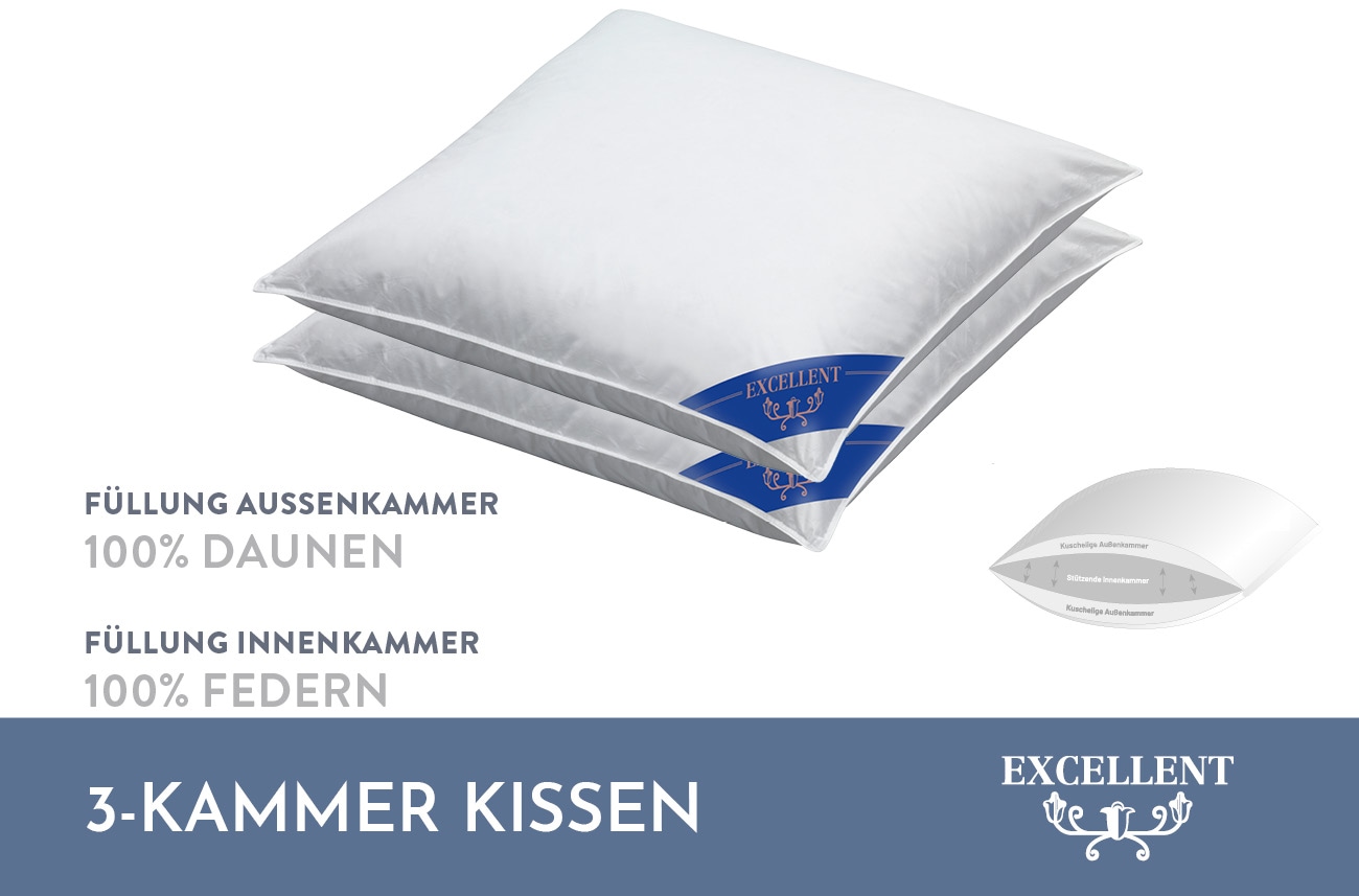 Excellent 3-Kammer-Kopfkissen »Kopfkissen "Venedig" Kissen mit Feder und Daunen Füllung. Kuschelig weiches Kopfkissen.«, Füllung: 100% Daunen (Aussenkammer), Bezug: 100% Baumwolle, hergestellt in Deutschland, allergikerfreundlich