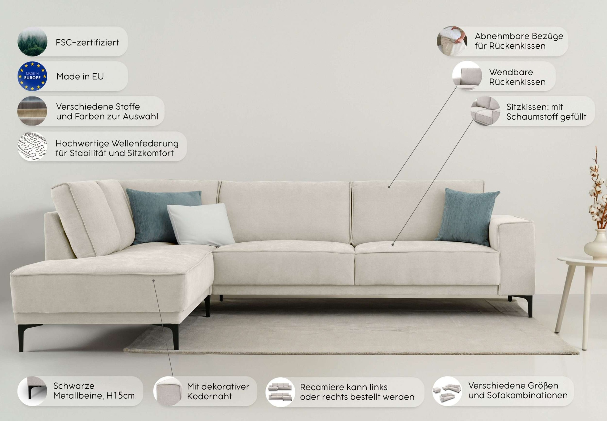 Places of Style Ecksofa »Polsterecke Oland, Struktur, Flachgewebe, Luxus-Microfaser, Boucle«, L-Form, 289 cm, Wellenunterfederung, Skandi-Design, Metallfüsse