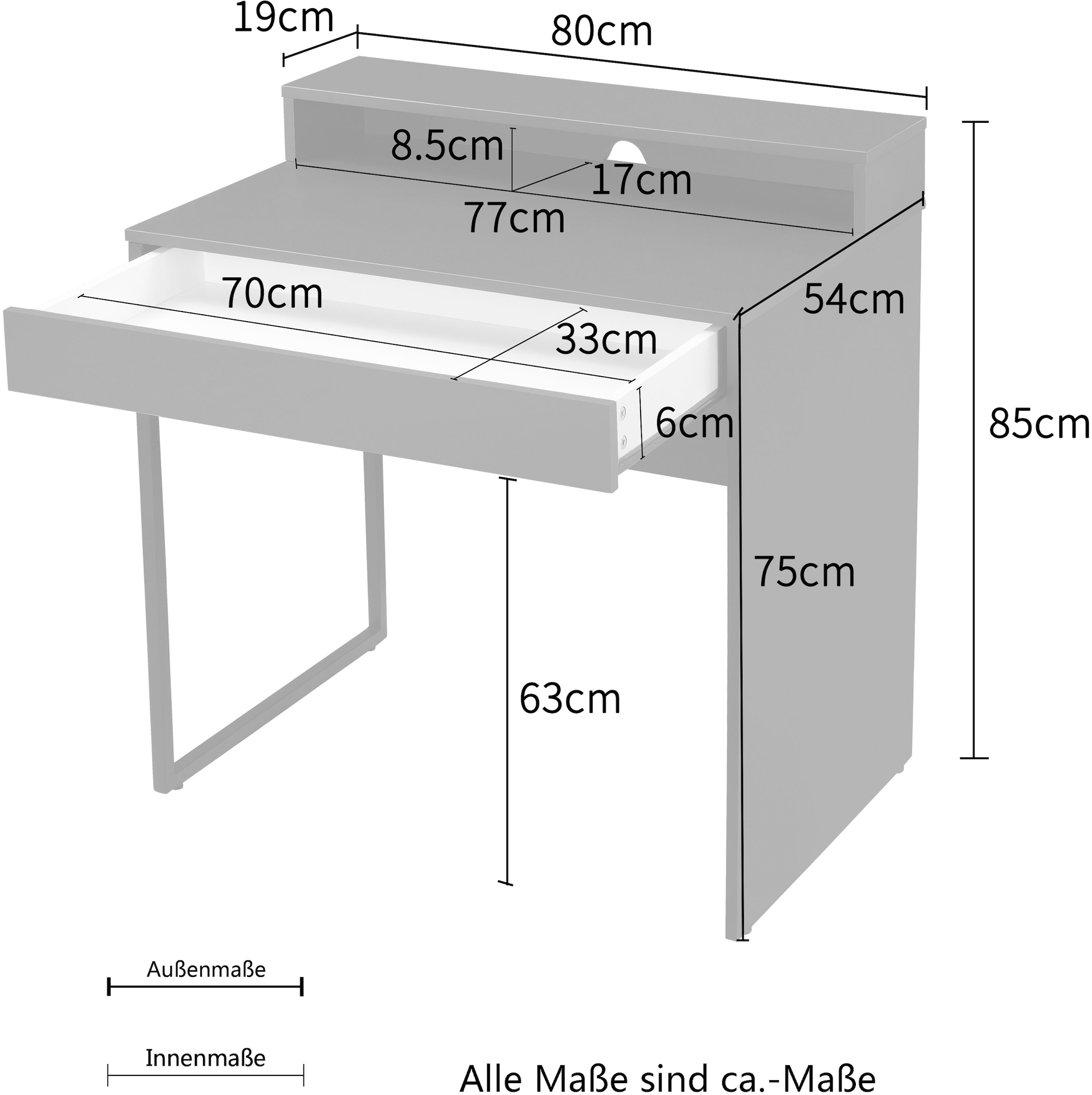 Places of Style Schreibtisch »Moid, Computertisch in modernem Design«, Breite 80 cm, mit Schublade, Kabeldurchlass & Metallkufe