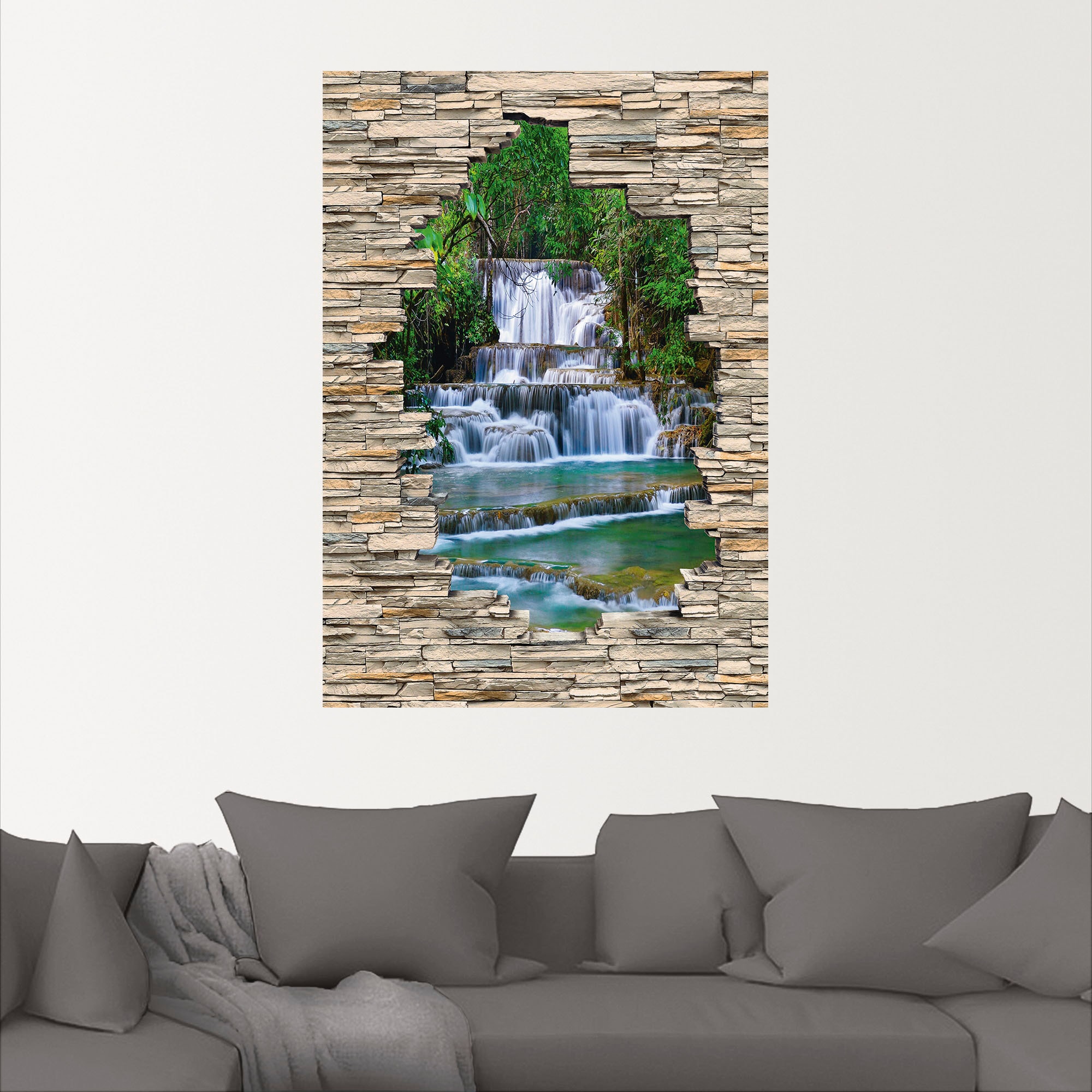 Artland Wandbild »Tiefen Wald Wasserfall Stein Mauer Blick«, Wasserfallbilder, (1 St.), als Alubild, Outdoorbild, Wandaufkleber in verschied. Grössen