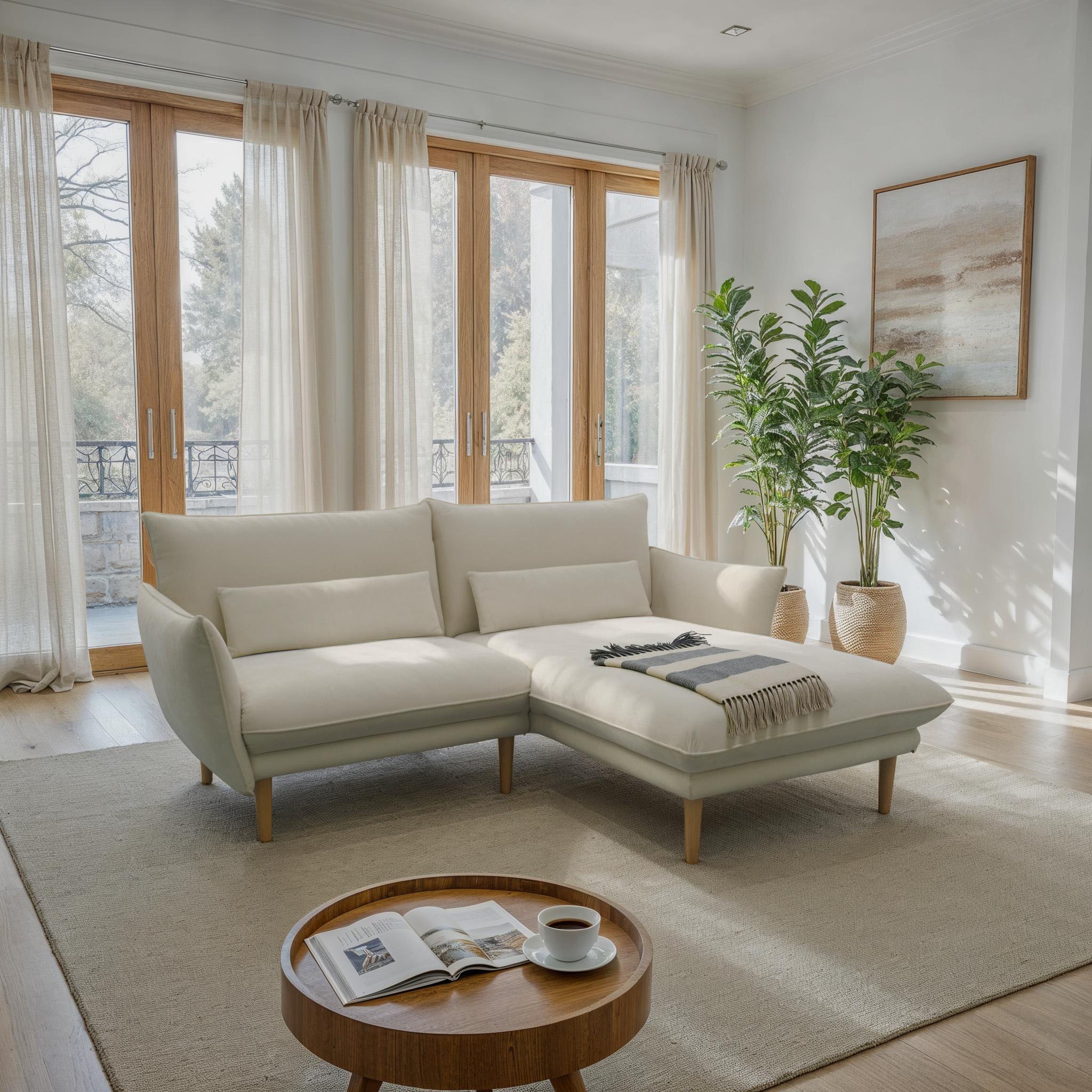 DOMO collection Ecksofa »Leuven kompakte Stellmasse, Breite 200 cm, schmale Armlehnen, L-Form«, angenehm feste Polsterung, bodenfrei, 19 cm hohe Holzfüsse