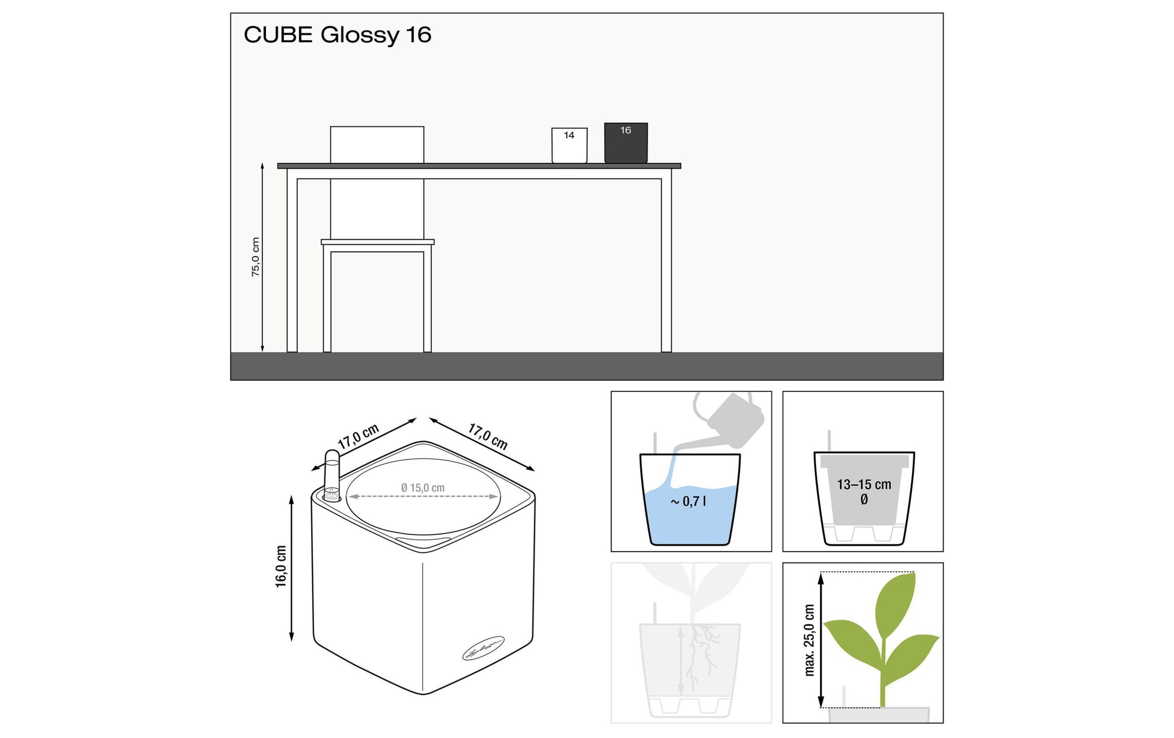 Blumentopf »Lechuza Blumentopf CUBE Glossy 16 W«, Material: Polypropylen