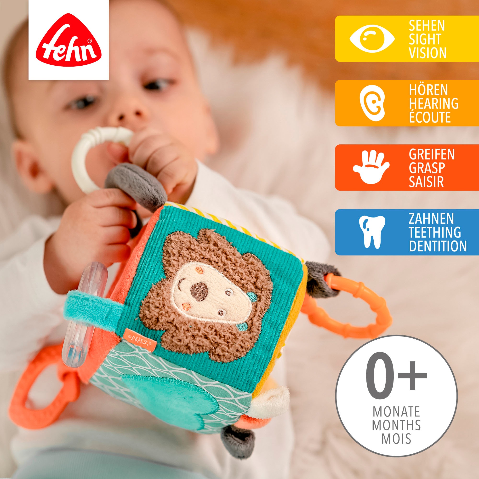 Fehn Greifspielzeug "Classic Stars, Activity-Würfel Funky Friends" inklusive Befestigungsring