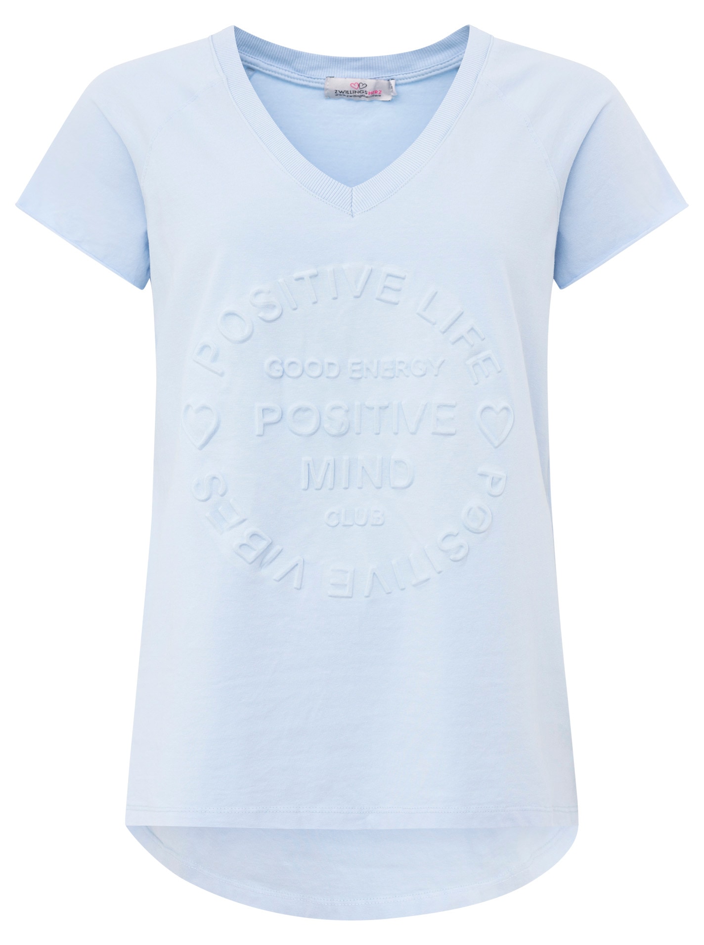 Zwillingsherz Kurzarmshirt »"Positive Mind"«, V-Ausschnitt, Kurzarm, hinten etwas länger, Baumwollmischung