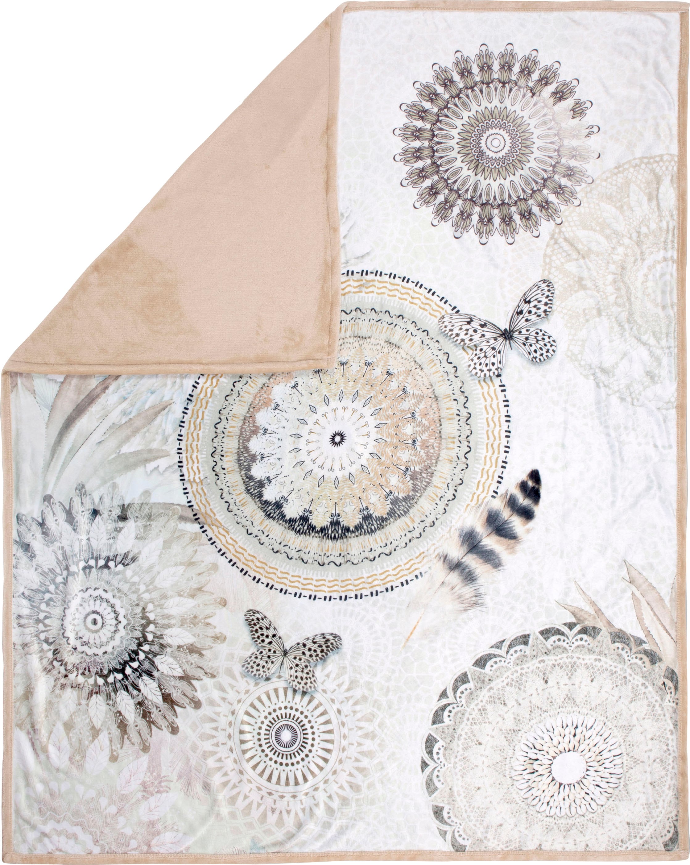 hip Plaid »Kaskae«, Sehr Weich, Kuscheldecke, 130x160 cm, Wendeoptik, Mandala, Sand