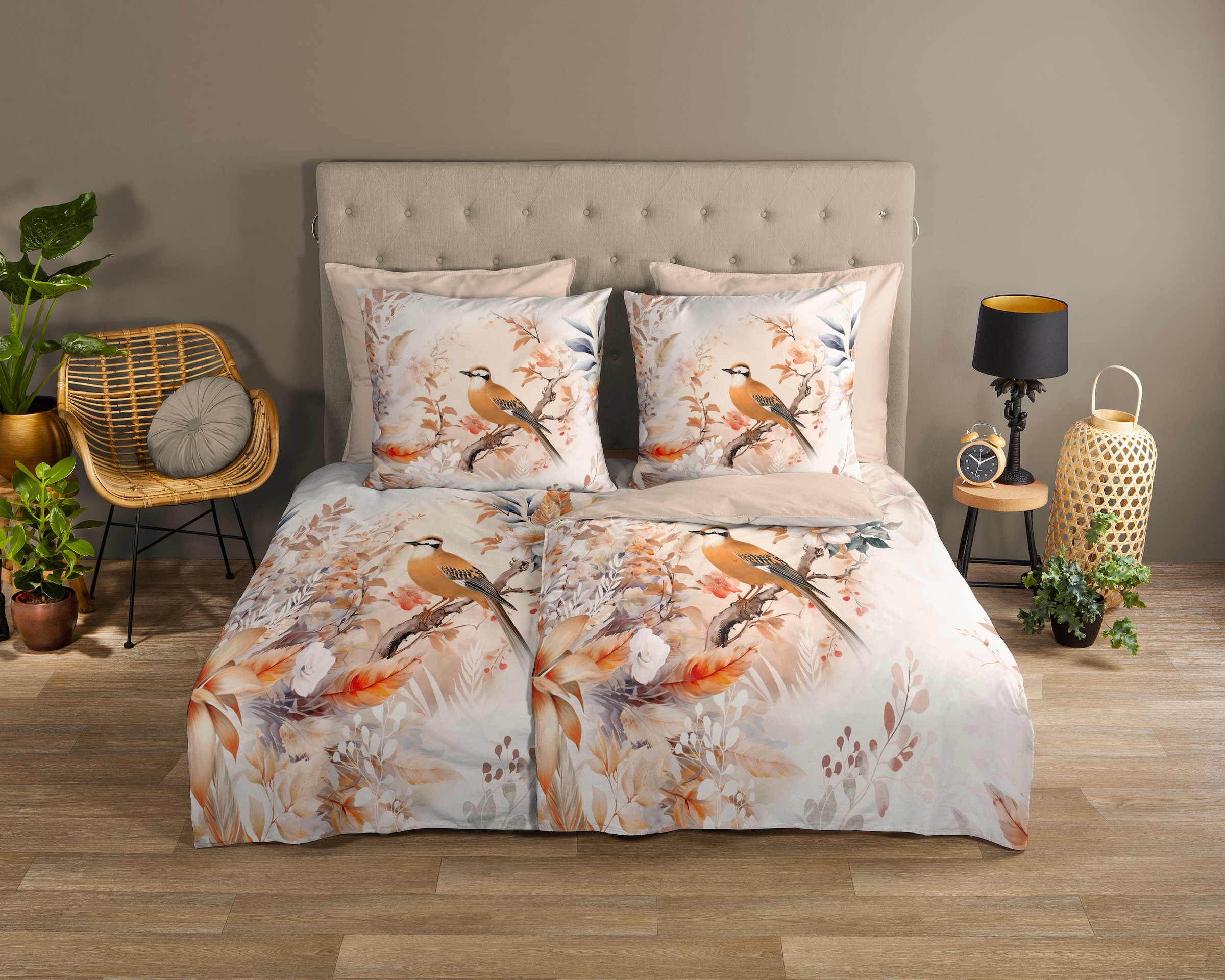 good morning Wendebettwäsche »Gloria«, Baumwolle, Renforcé, Reissverschluss, Wendeoptik, Blumen, Vogel, Natur