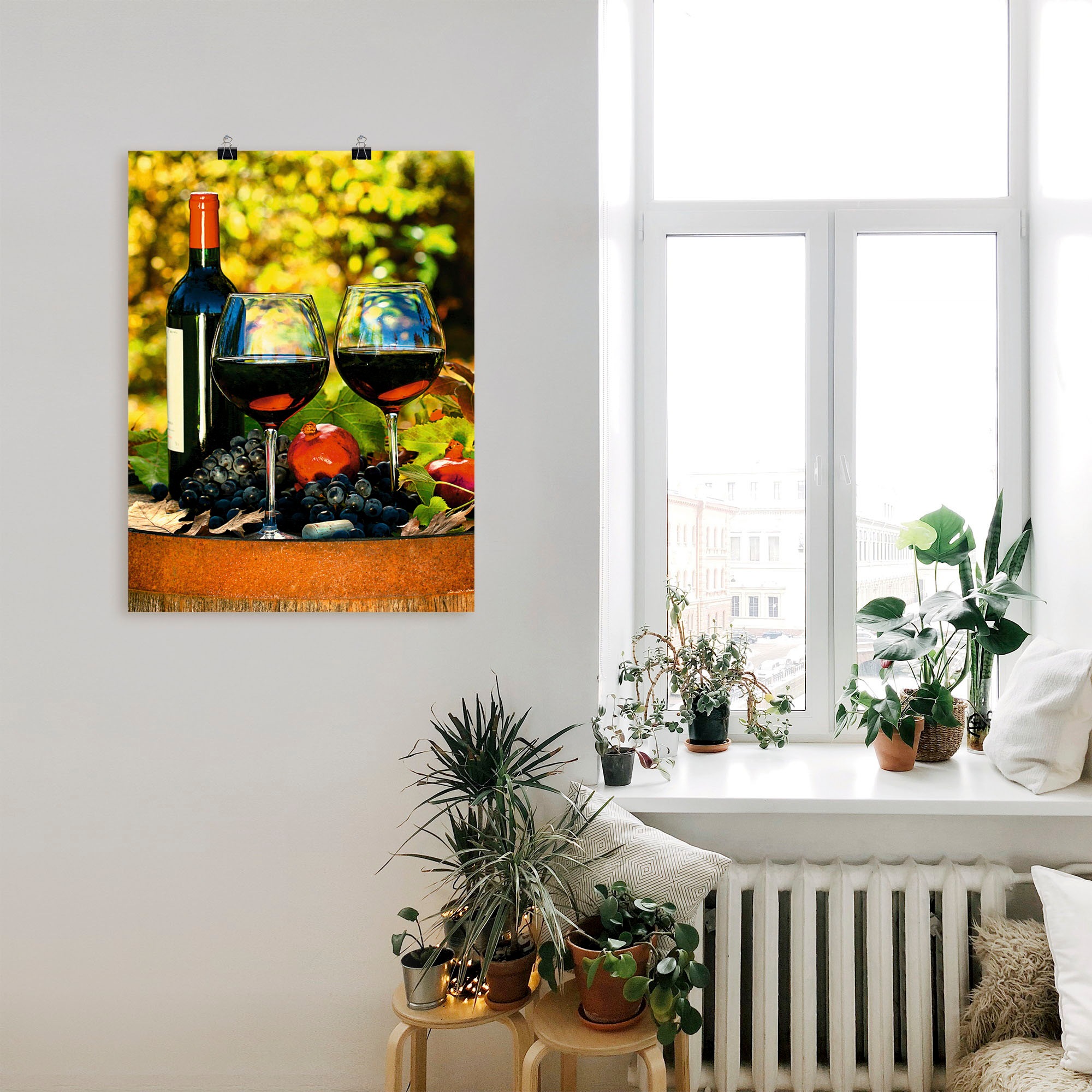 Artland Wandbild »Gläser Rotwein auf altem Fass«, Getränke, (1 St.), als Poster, Wandaufkleber in verschied. Grössen