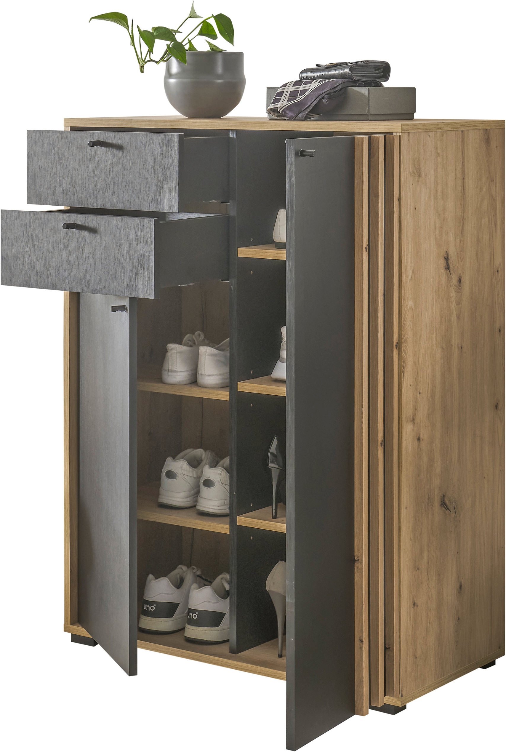 HBZ Schuhschrank »Volano in schwarz, BxHxT 80x106x38 cm«, (1 St.), Mit 2 Türen, 2 Schubkästen, 5 Einlegeböden