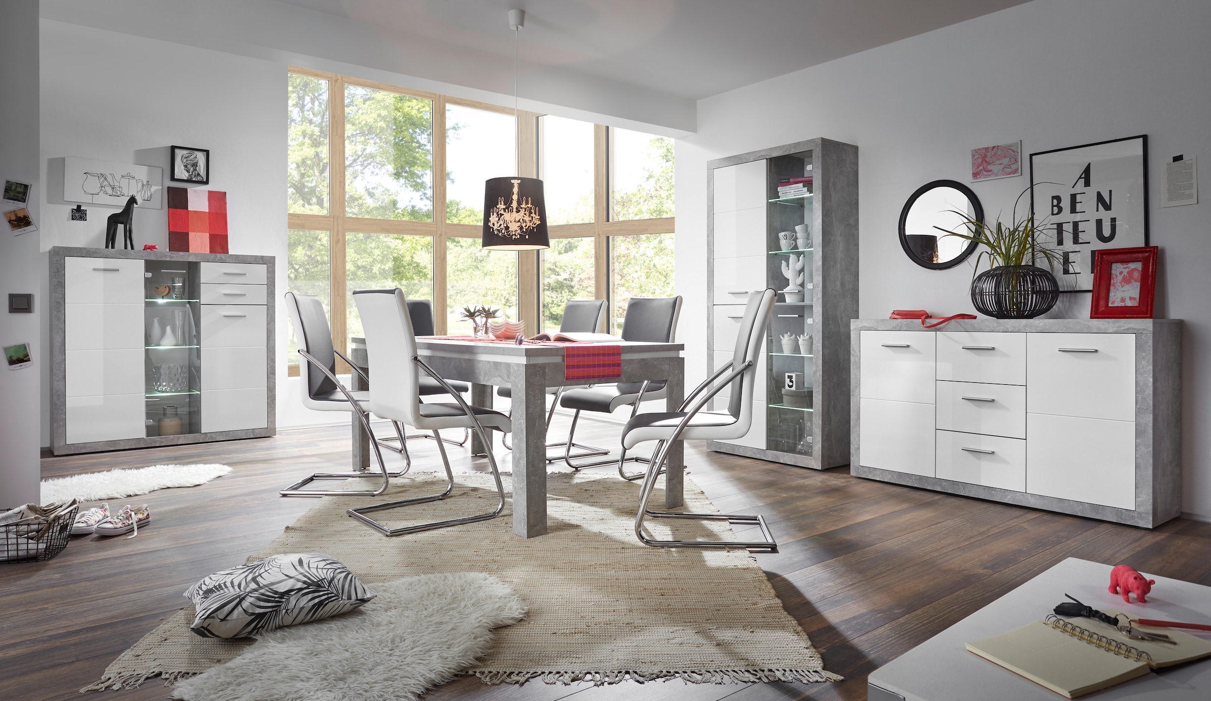 HBZ Sideboard »Stone weiss Hochglanz, Wohnzimmerschrank BxHxT 147x89x37 cm«, (1 St.), Mit 2 Türen, 3 geräumigen Schubkästen, 2 Einlegeböden verstellbar