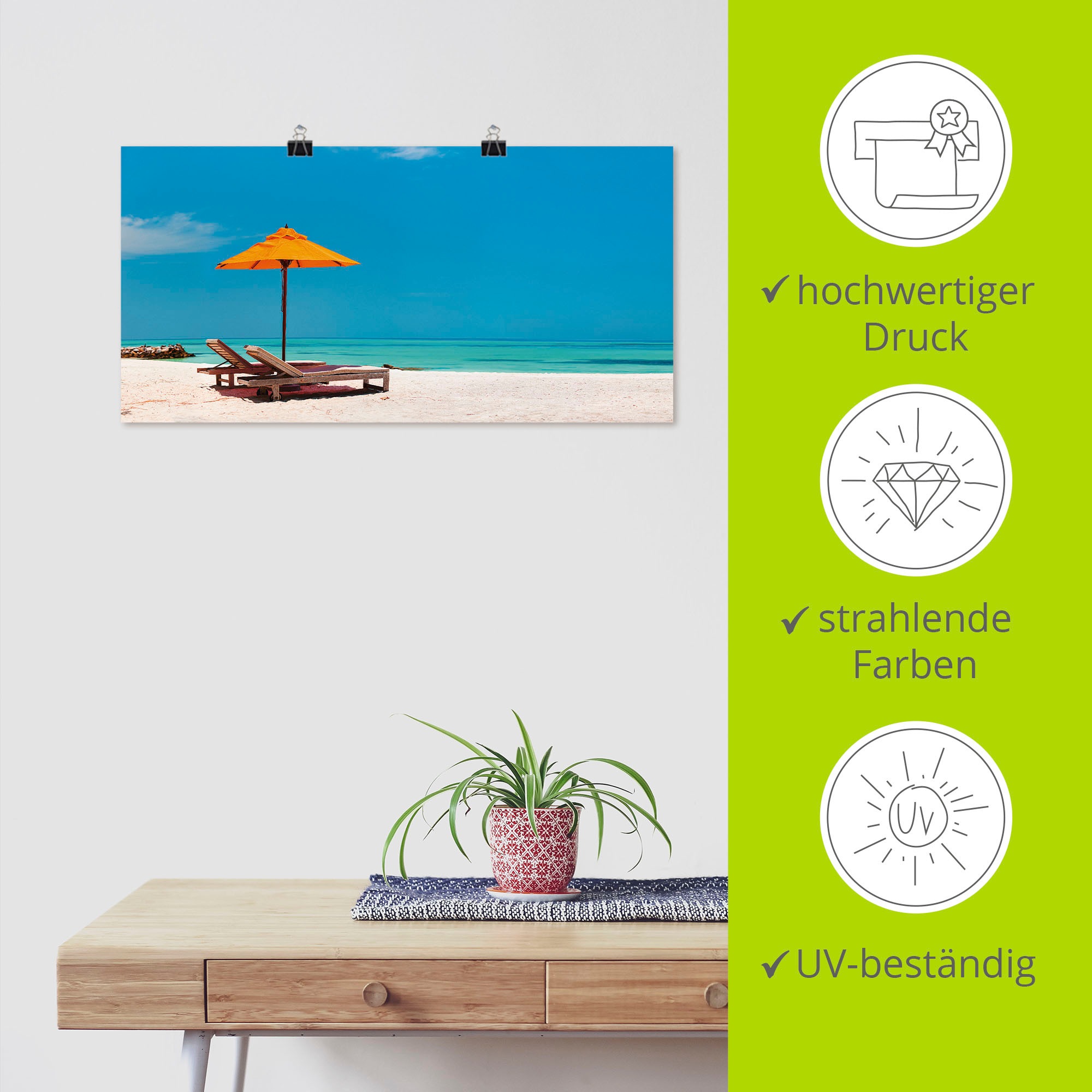 Artland Wandbild »Liegestuhl Sonnenschirm Strand Malediven«, Strand, (1 St.), als Alubild, Outdoorbild, Leinwandbild, Poster, Wandaufkleber