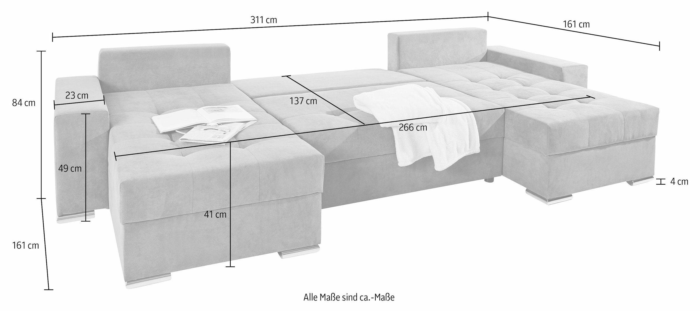 COLLECTION AB Wohnlandschaft »XL-Josy U-Form, Breite 313 cm, Flachgewebe, Struktur, Kunstleder«, inkl. Bettfunktion, Bettkasten, mit 4 gleich grossen Rückenkissen