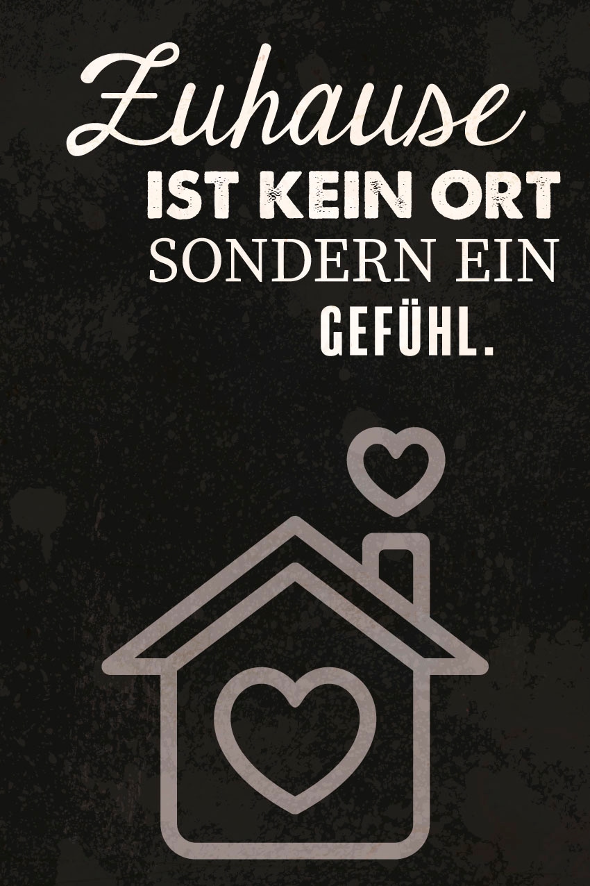 queence Metallbild »Zuhause!«, Schriftzüge-Schriftzug-Sprüche-Sprüche & Texte-Schwarz-Weiss-Herzen, (1 St.), Stahlschilder