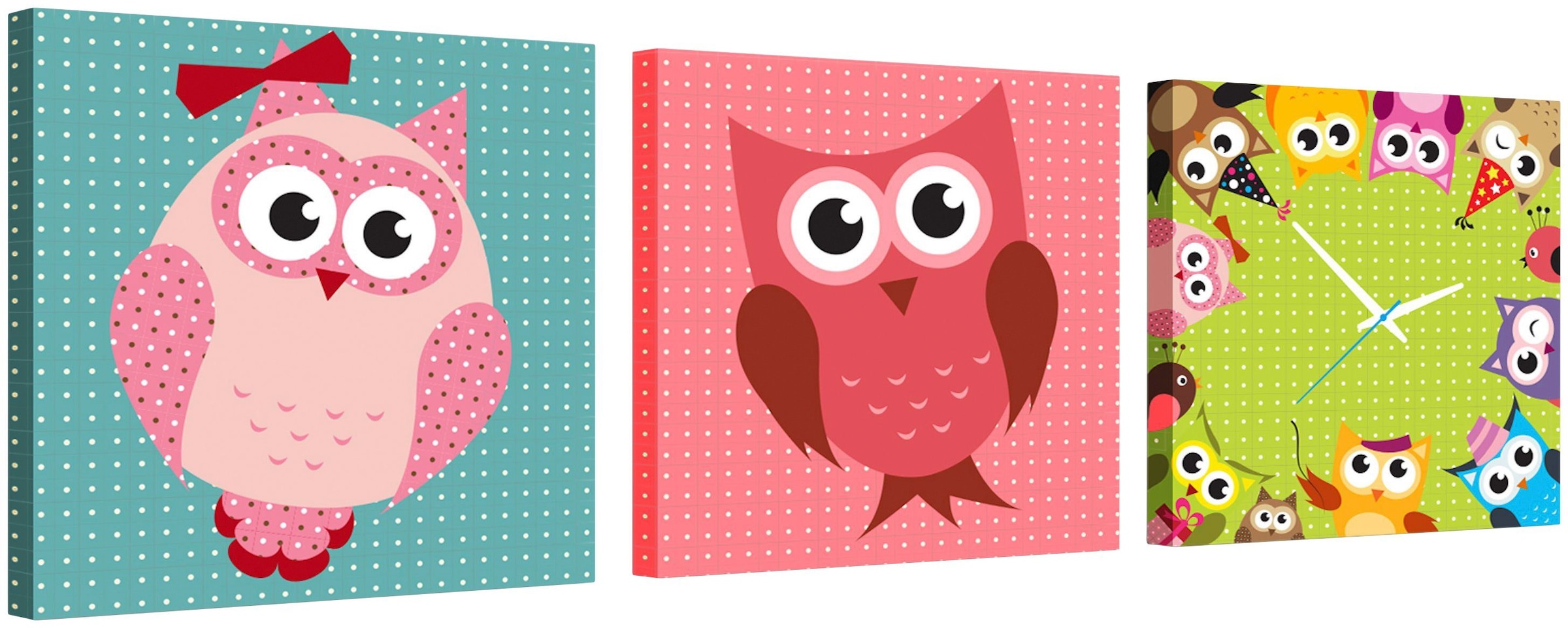 Conni Oberkircher´s Bild »Colours Owl - bunte Eulen«, Eulen, (Set, (Set 3),  mit dekorativer Uhr, Kinderbild, Waldtiere online kaufen | Jelmoli-Versand
