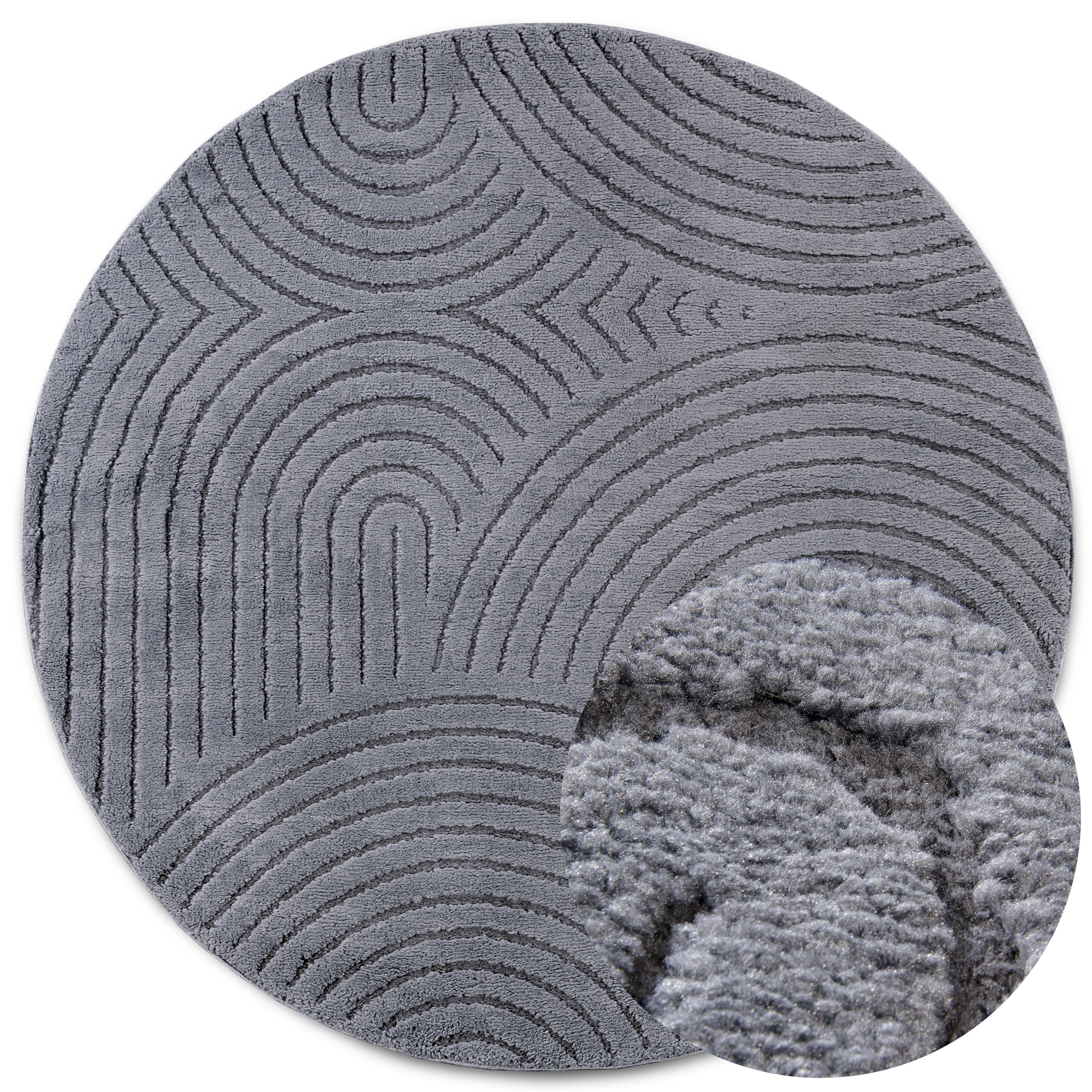 THE RUGS New York Design Rug Runner Panglao Polyester Geometric High Low Rug in Dark Grey | Size: 160cm diameter